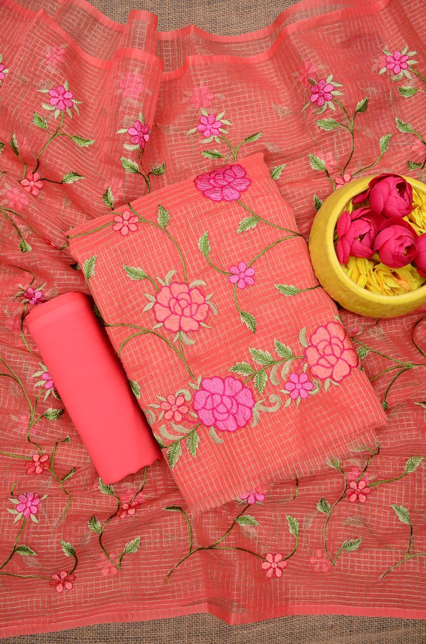 Kota Doria Embroidered Suit Set In Peach ch (unstitched)
