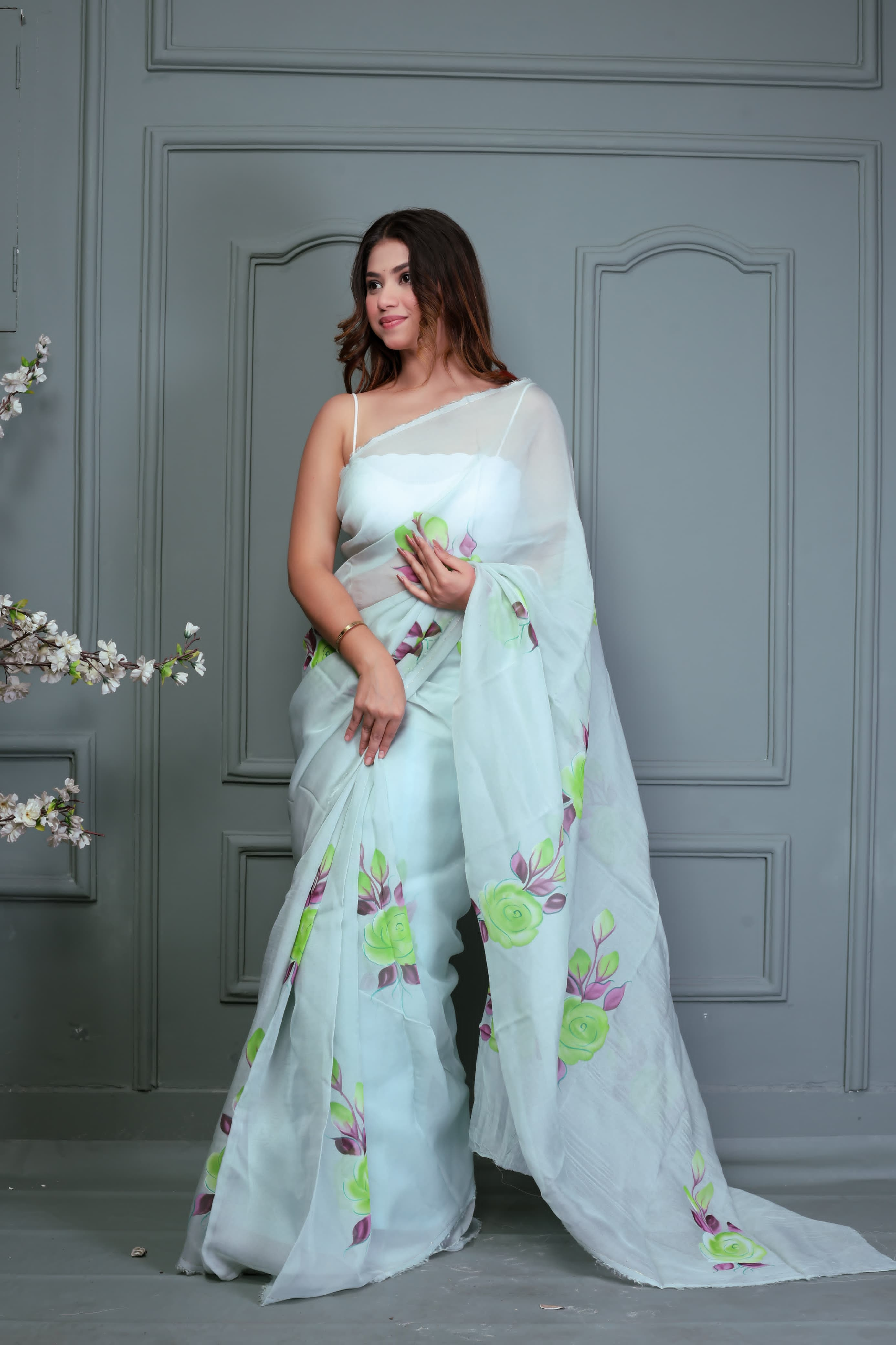 Green Organza Hand Painted Saree