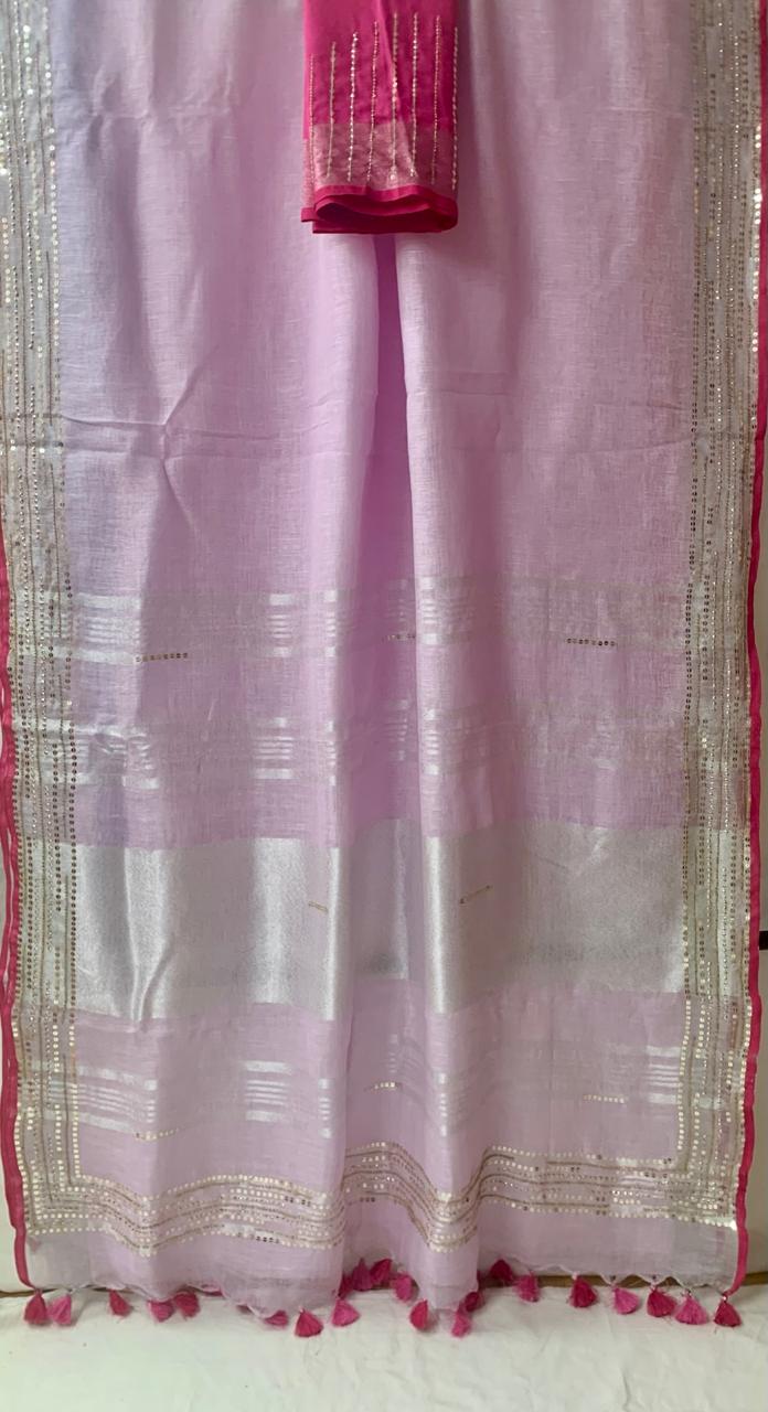 Baby Pink Pure Linen Embroidery Saree