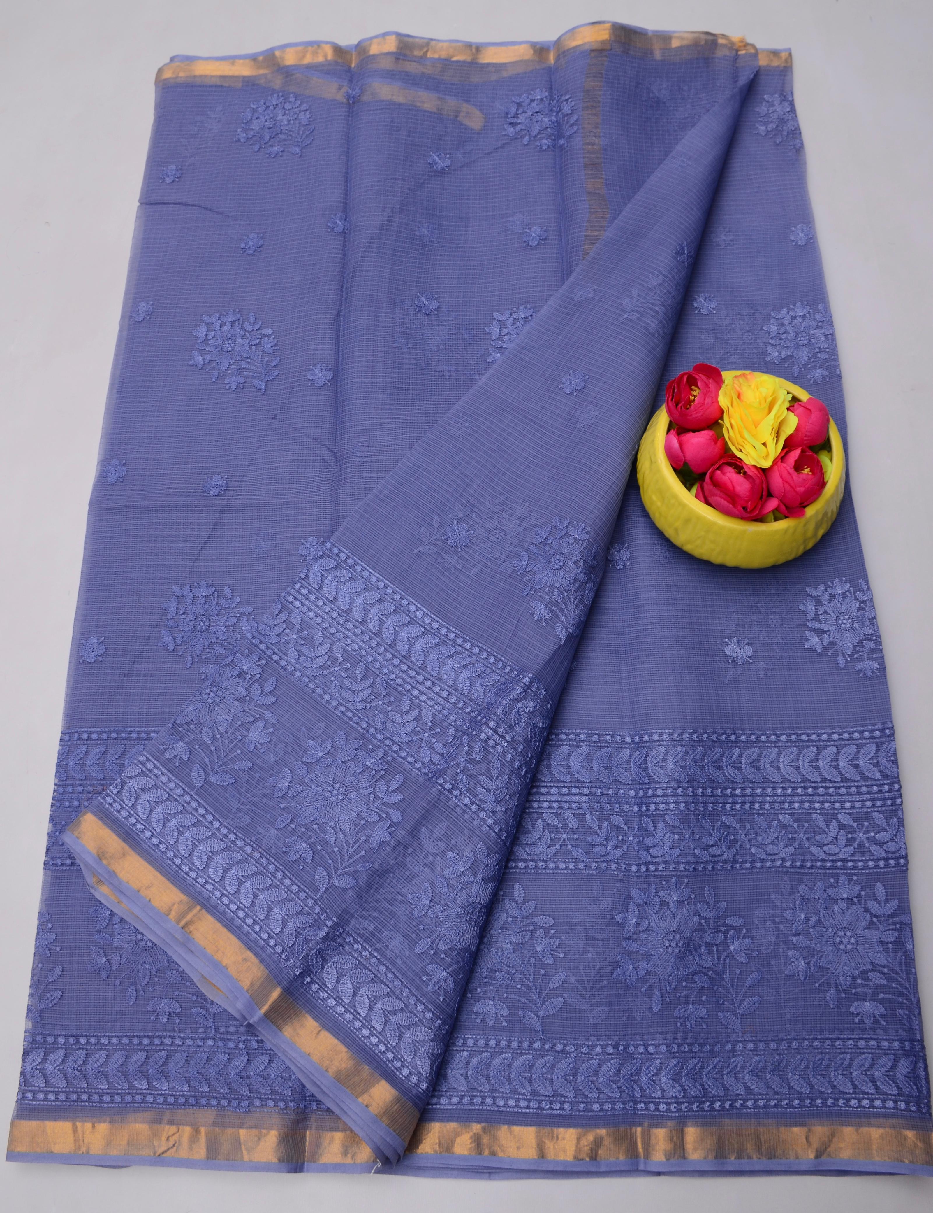 Blue Kota Doria All Over Embroidery Work Saree