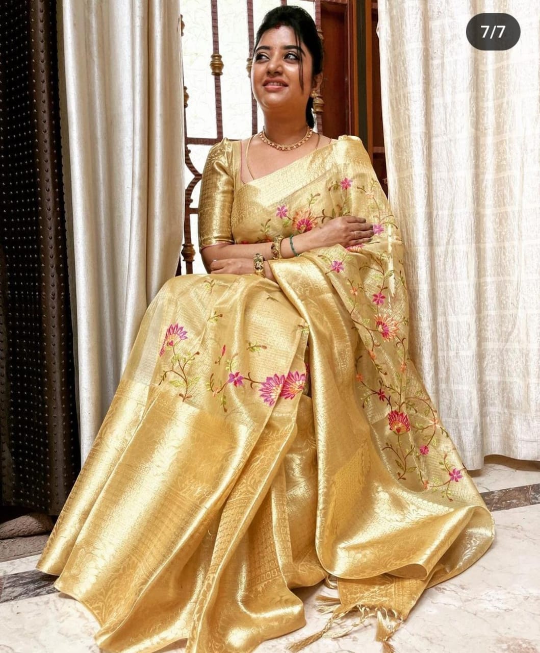 Gold Banarasi Tissue Fancy Party Embroidery Saree