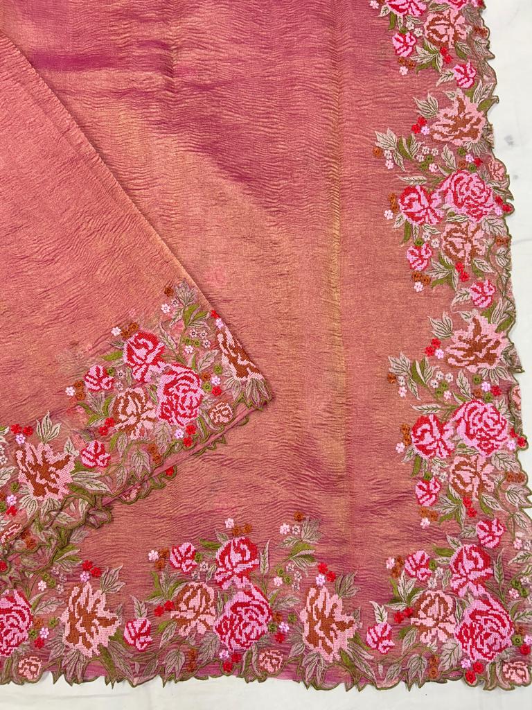 Rose Pink Banarasi Crush Tissue Saree