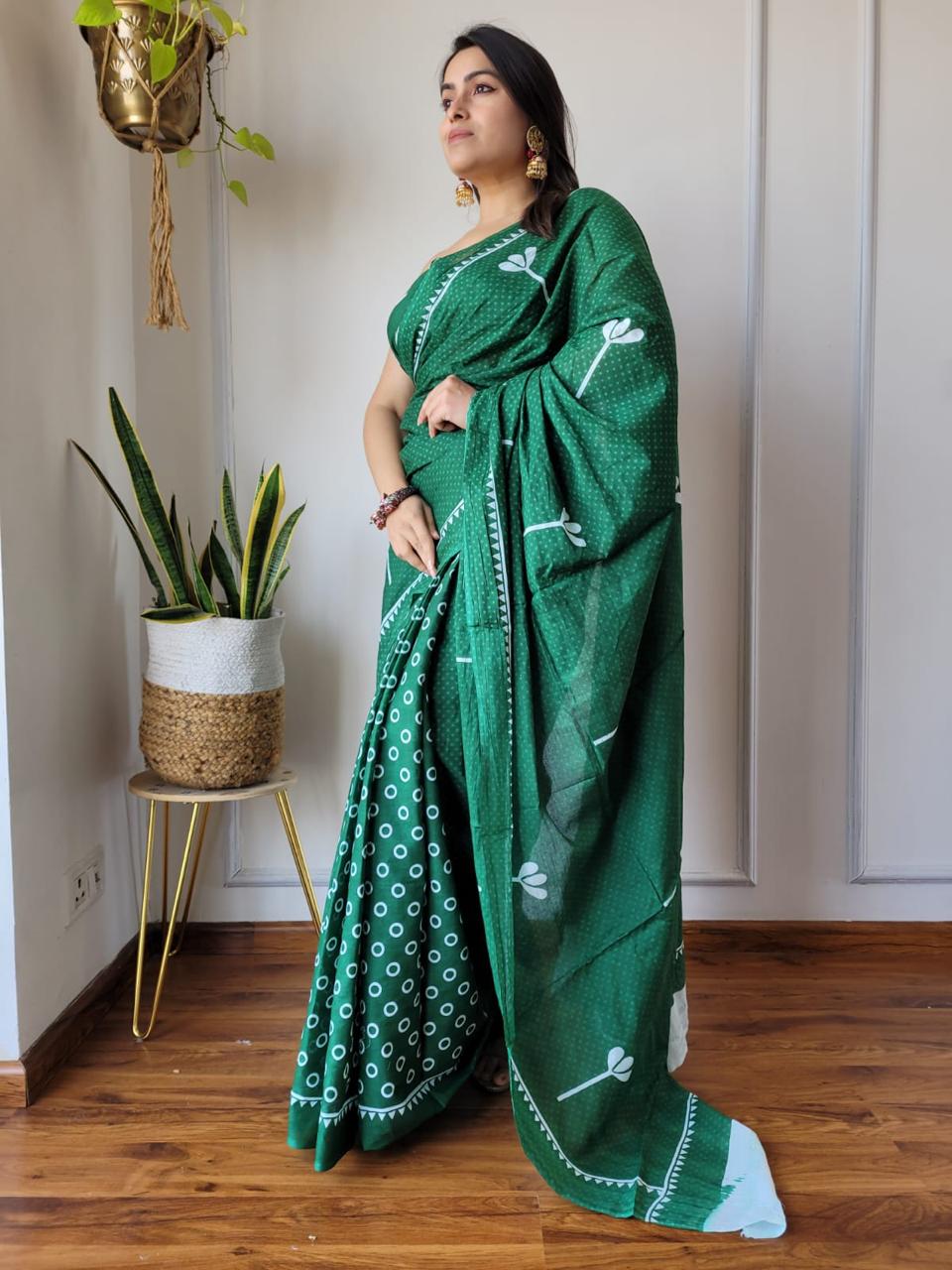 Green Cotton Printed Saree