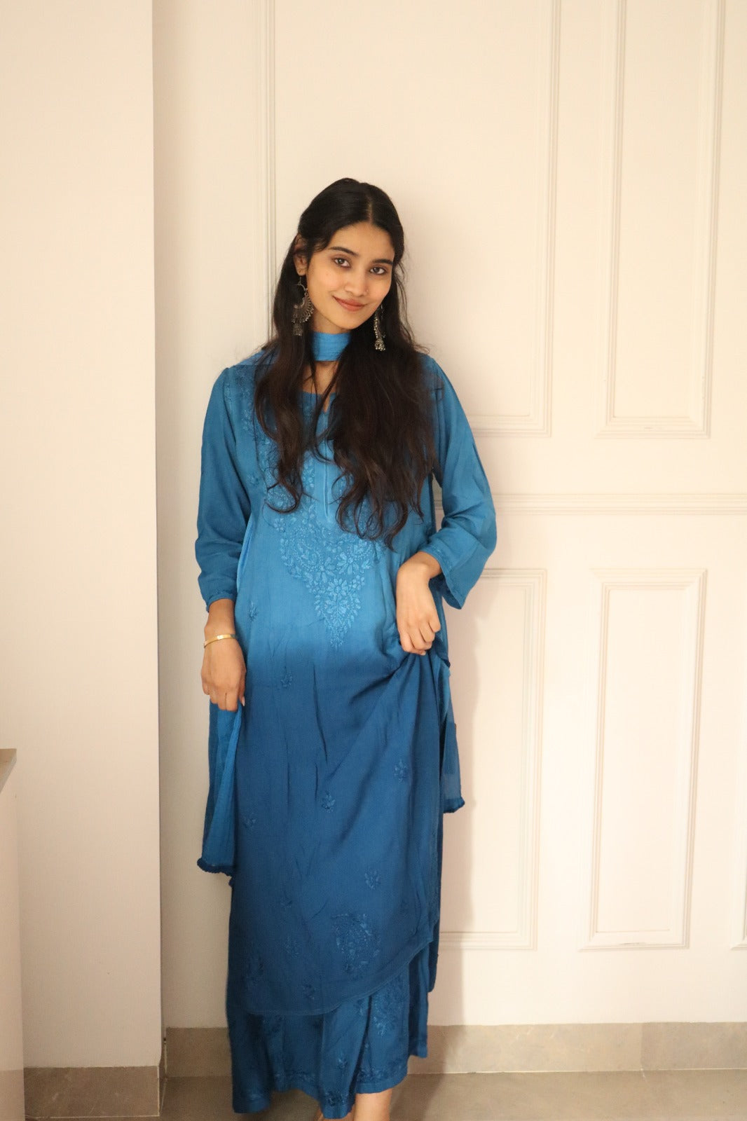 Blue Chikankari Rayon Kurti Palazzo Set With Dupatta