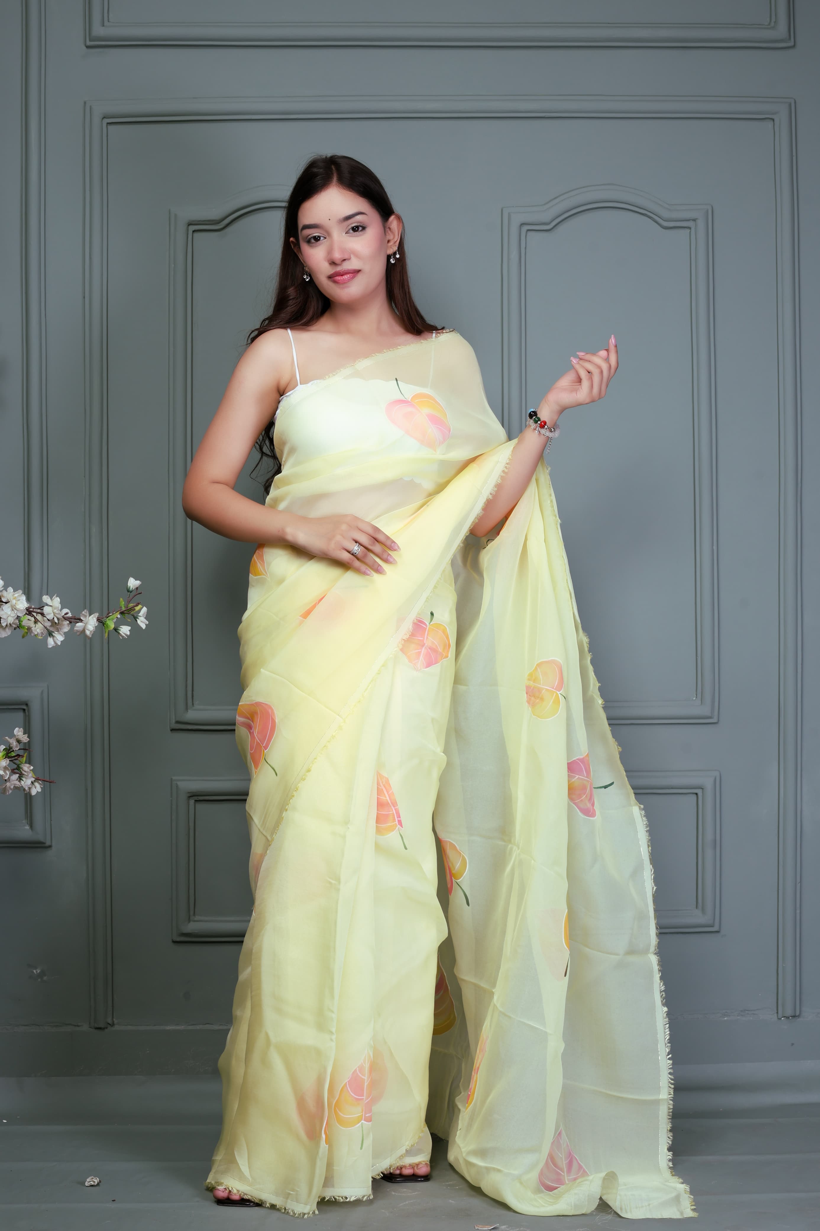 Light Yellow Organza Hand Painted Saree