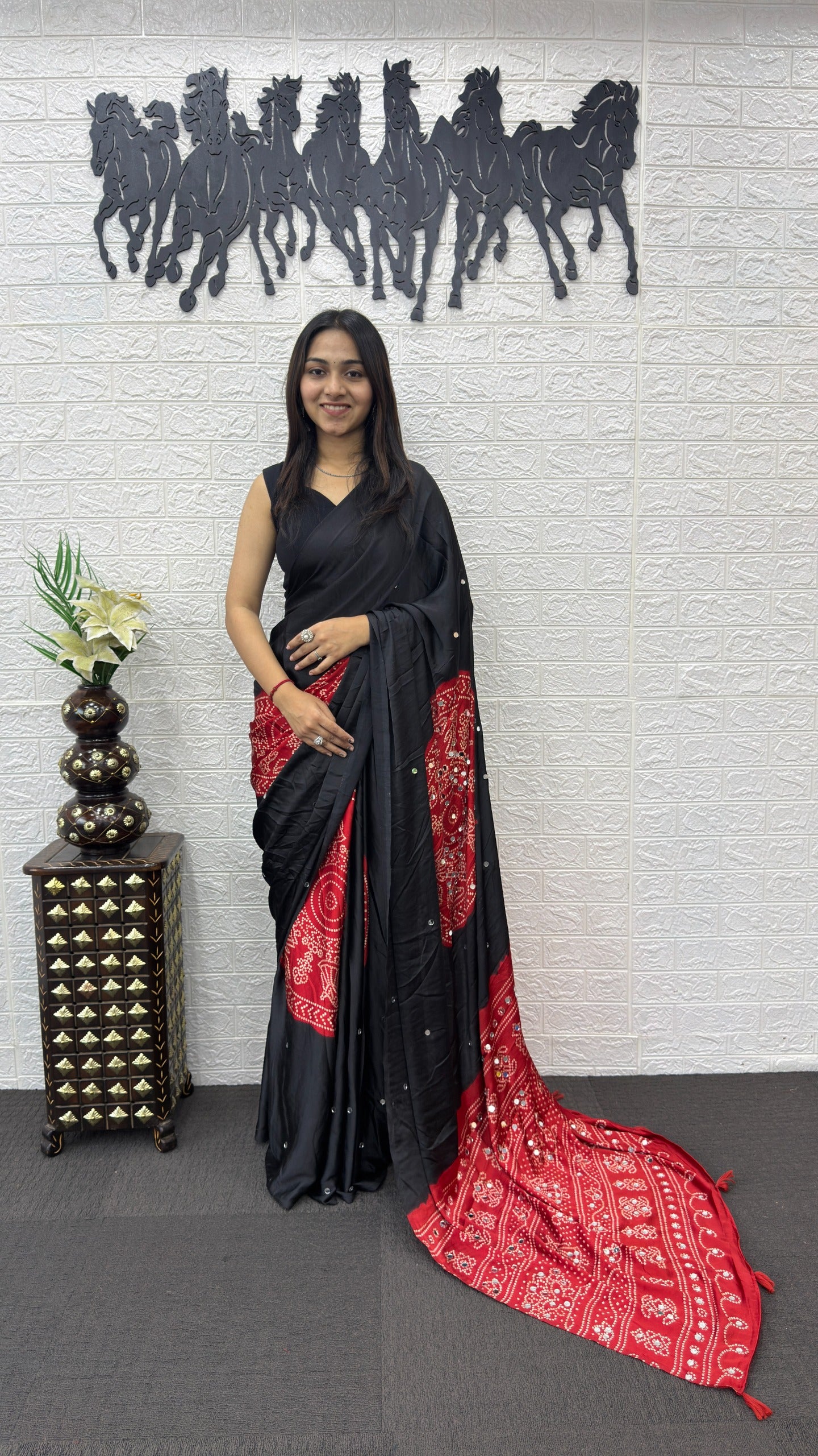 Black Bandhani print Mirror Work Satin Silk Saree