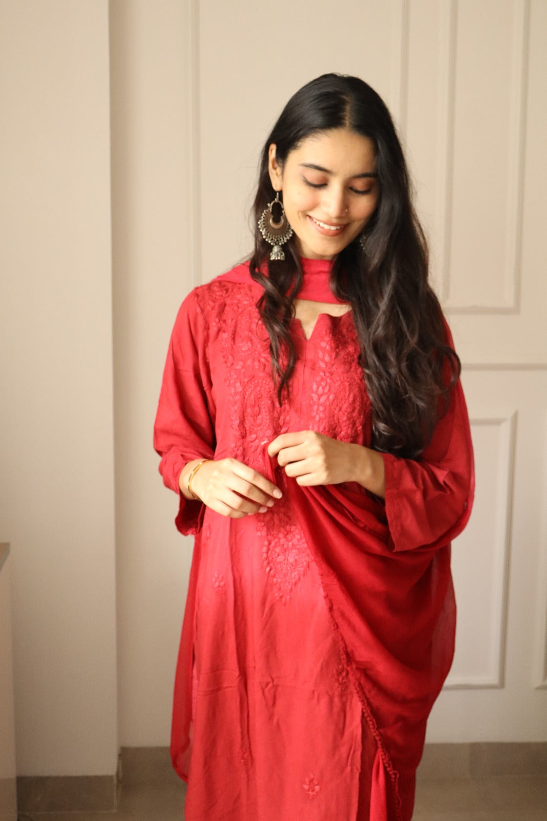 Red Chikankari Rayon Kurti Palazzo Set With Dupatta