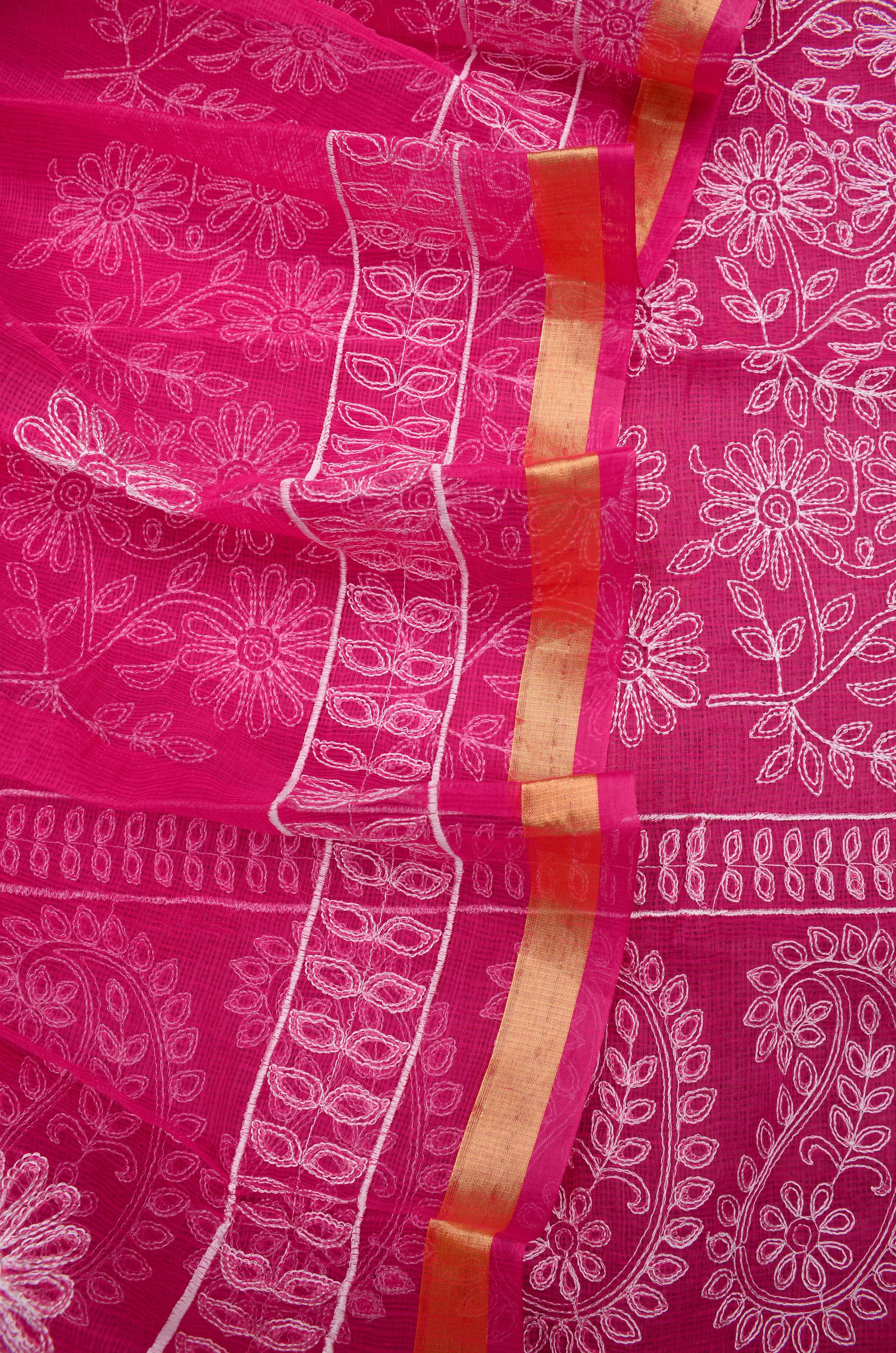Red Embroided Cotton Kota Doria Suit Fabric With Dupatta