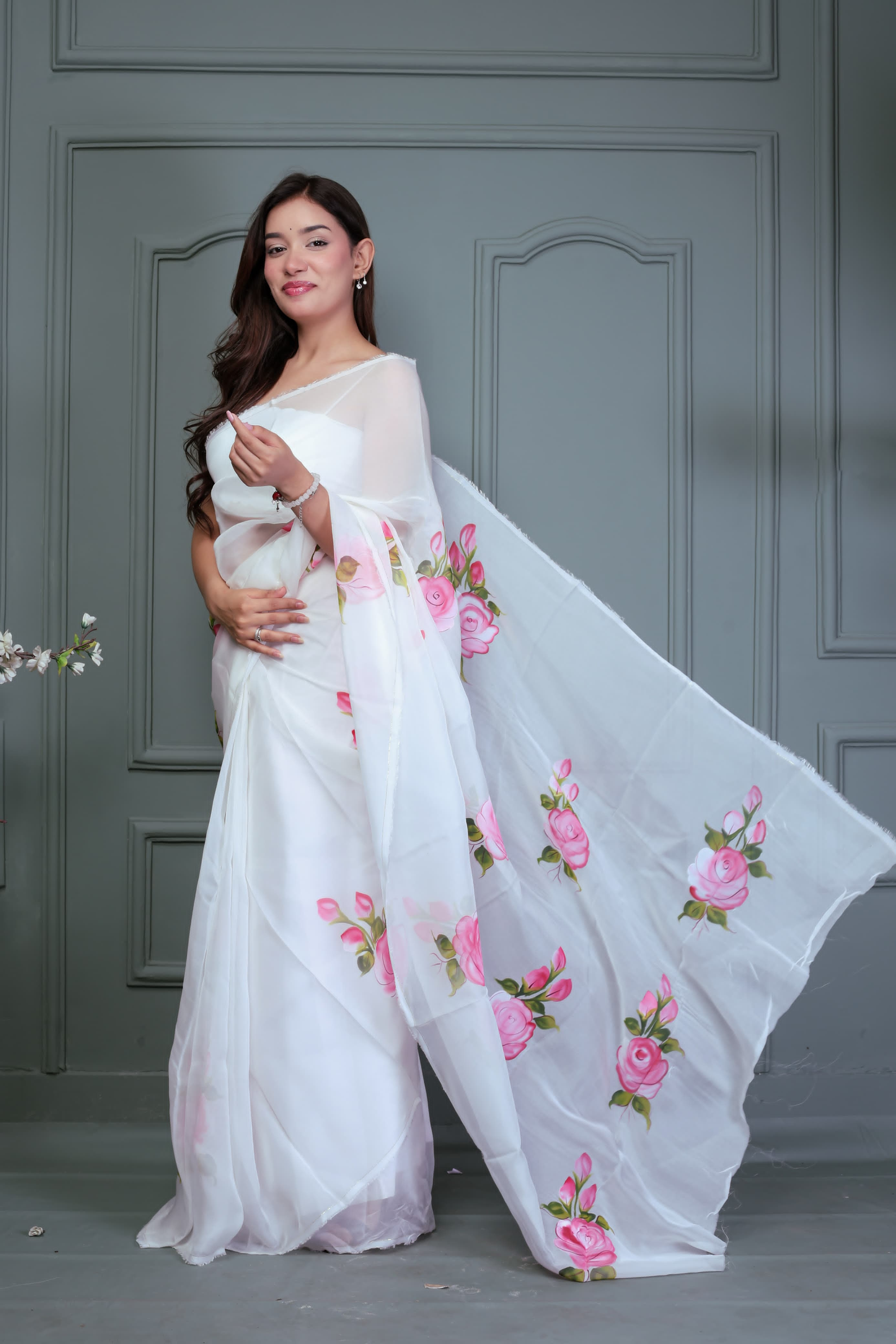 Organza Hand Painted Saree In white