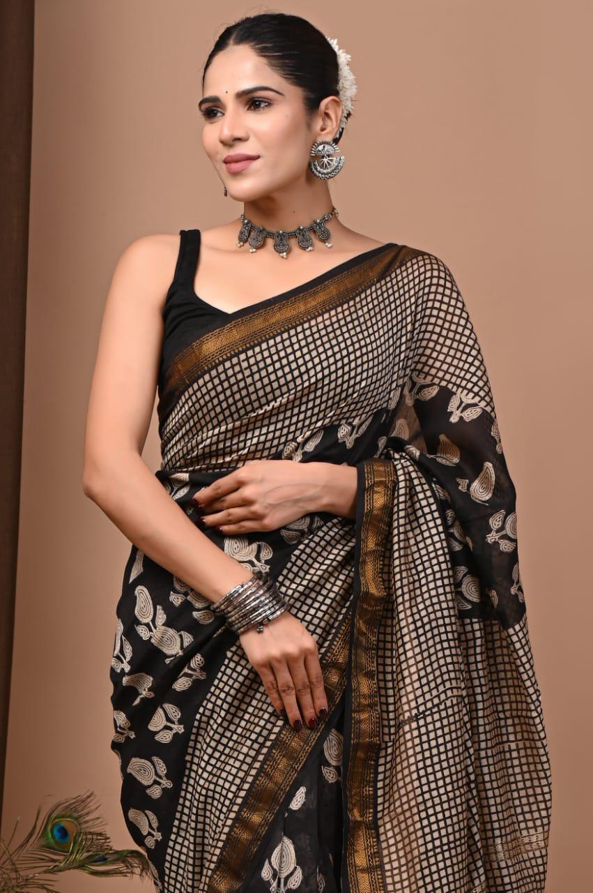 Black Maheshwari Silk Bagru Hand Block Print Saree
