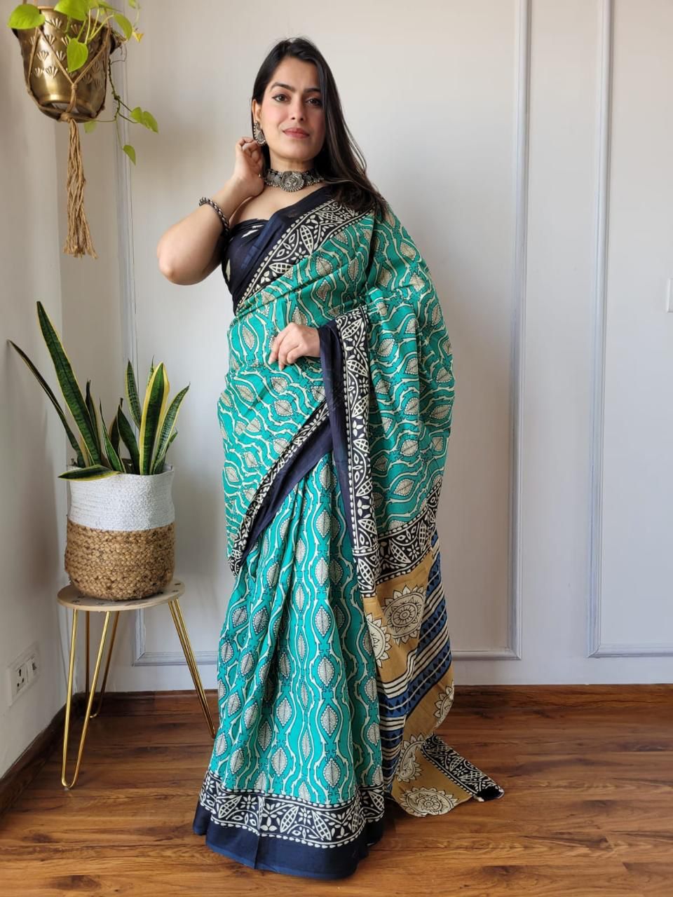 Green Trending Indigo Hand Block Print MulMul Cotton Saree