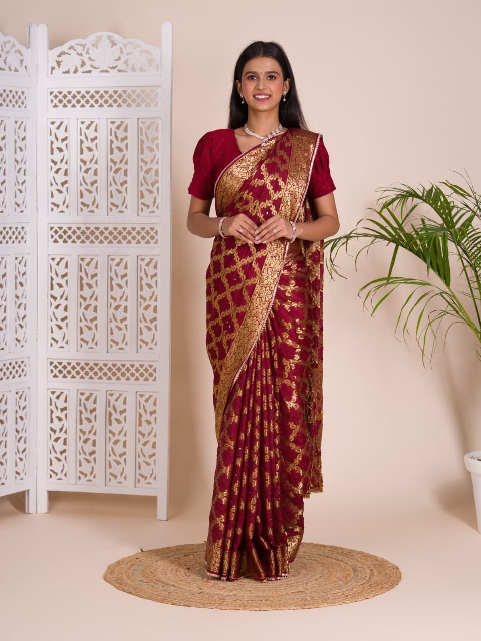 Maroon Ghatchola Banarasee Silk Hand Mirror Work Saree