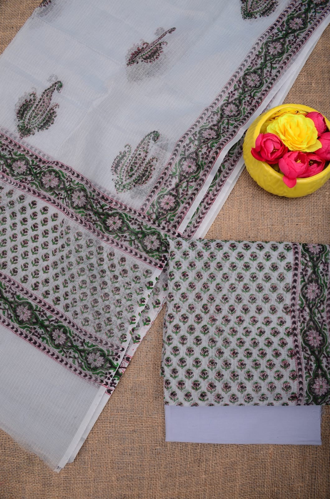 Summer Look Kota Doria Hand Block Print Suit In Grey (unstitched)