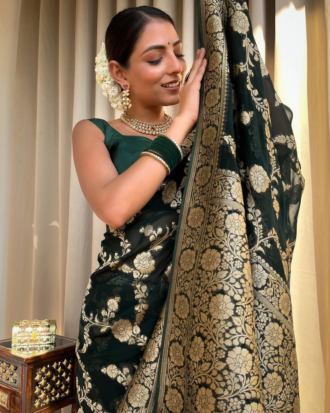 Dark Green Banarasee Semi Georgette Zari Work Saree