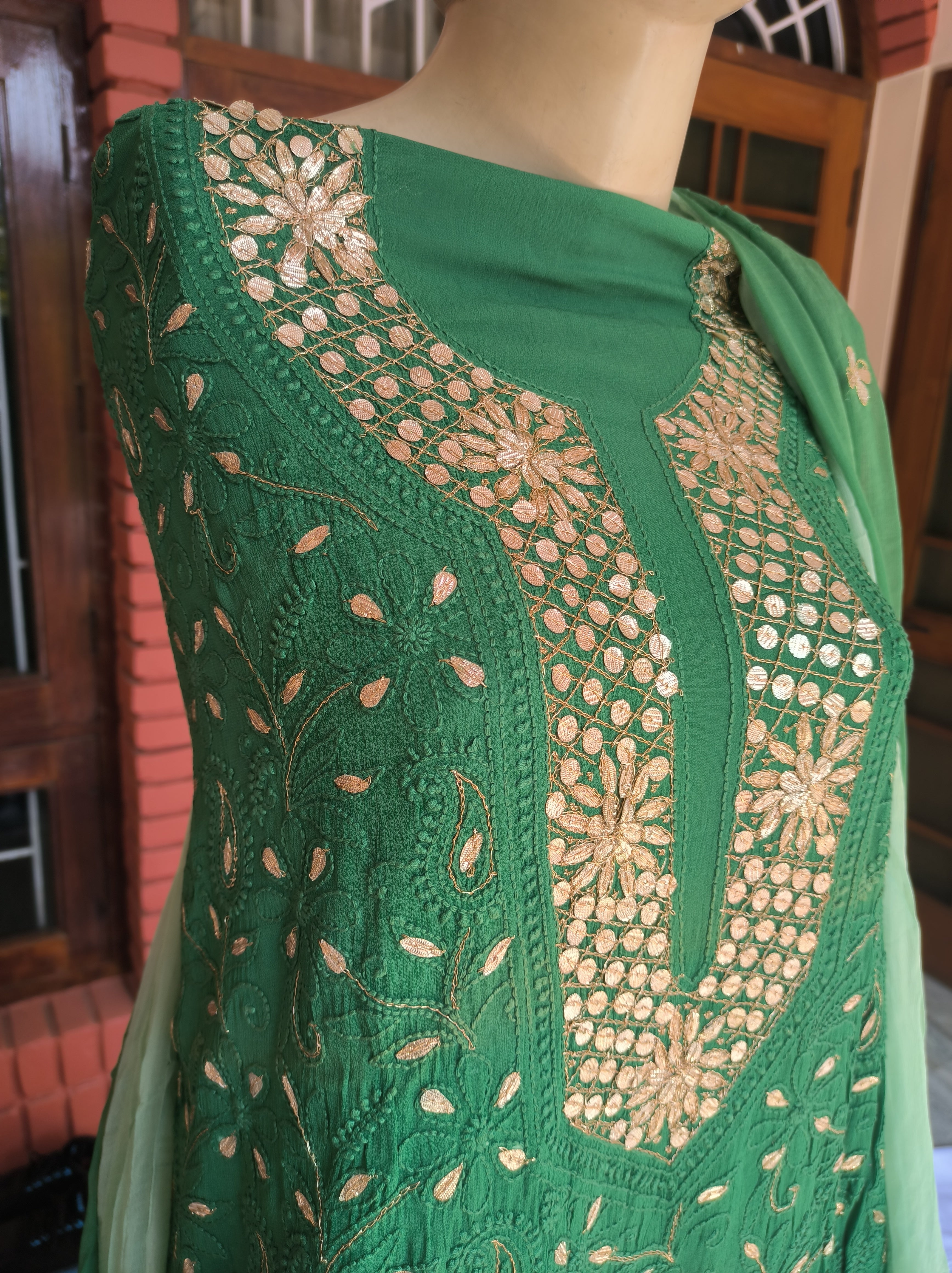 Rama Green Lucknowi Chikankari Gota Patti Salwar Suit(Dress Material)