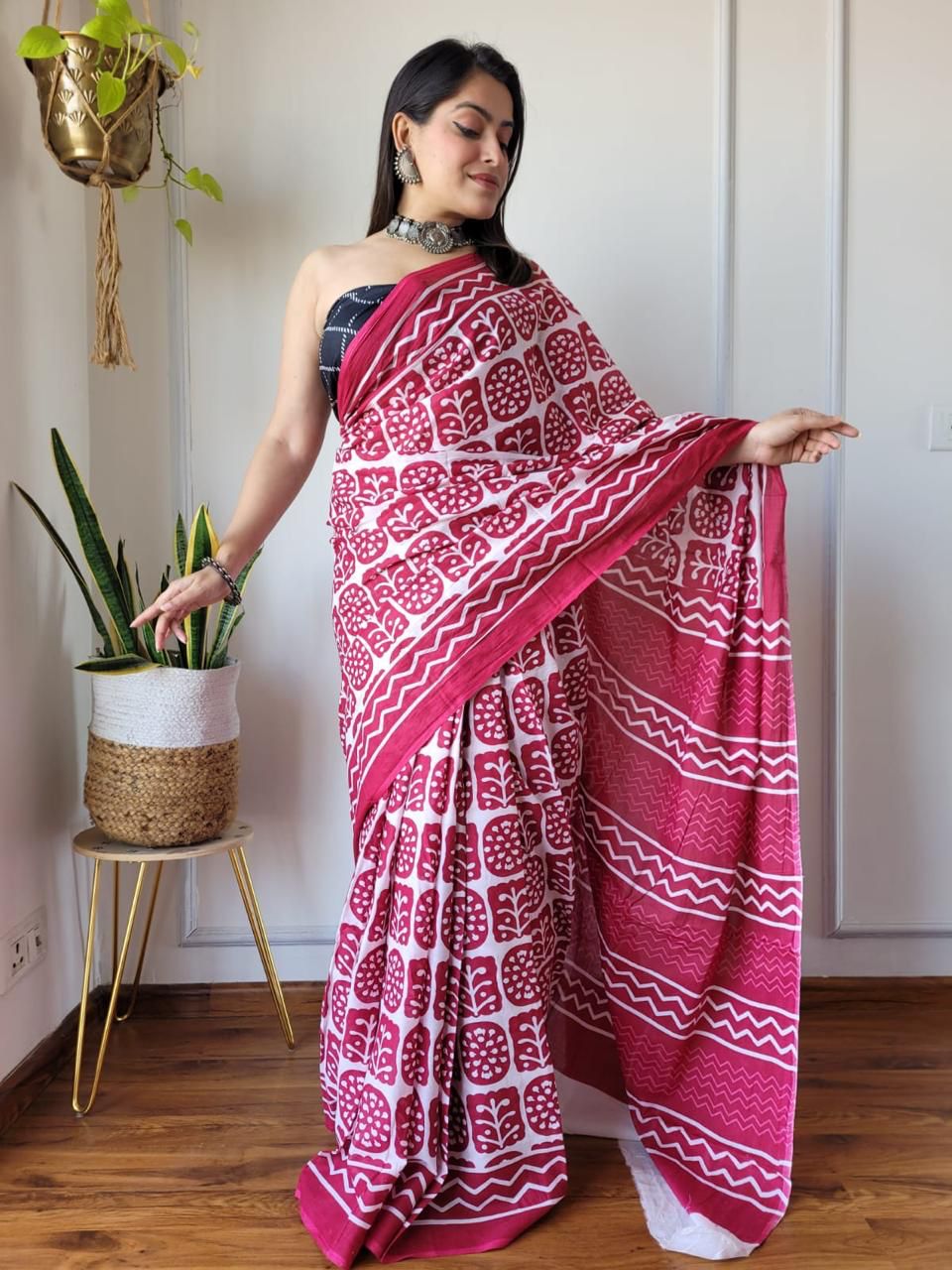 Dark Pink Trending Indigo Hand Block Print MulMul Cotton Saree