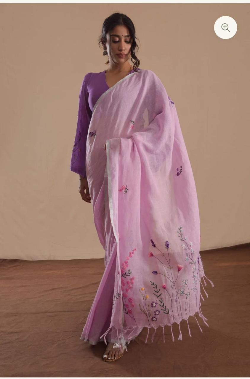 Linen Embroidery Saree In Pink