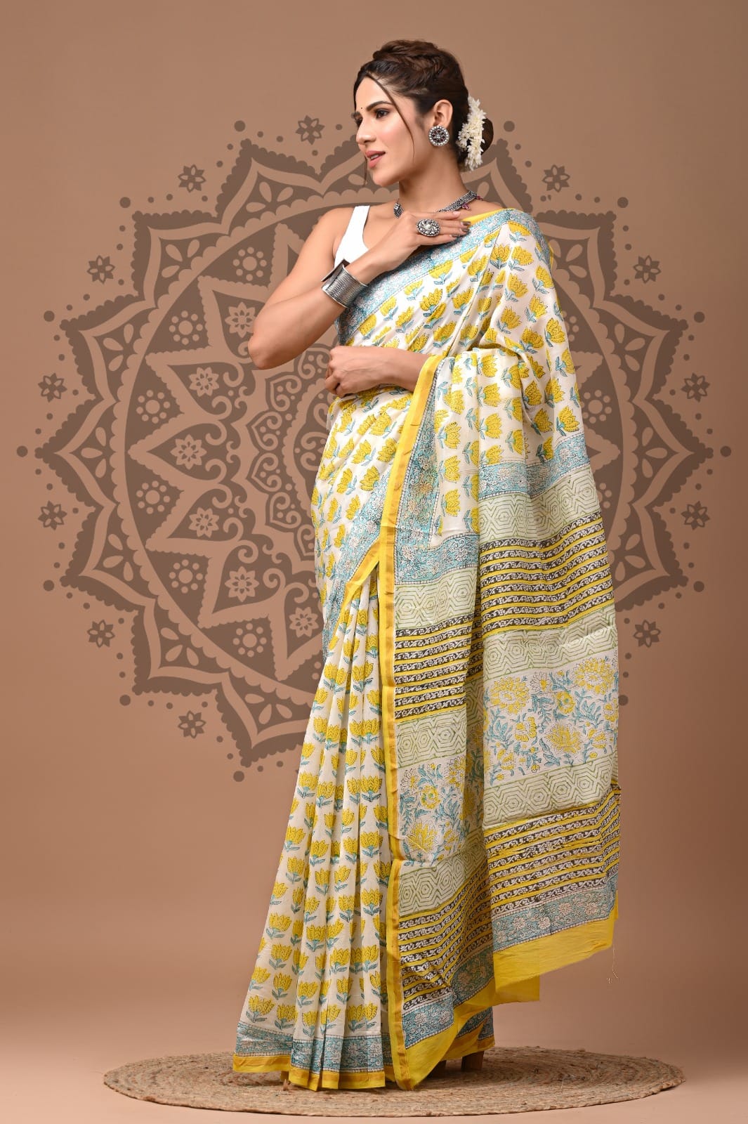 White Bagru Print Saree