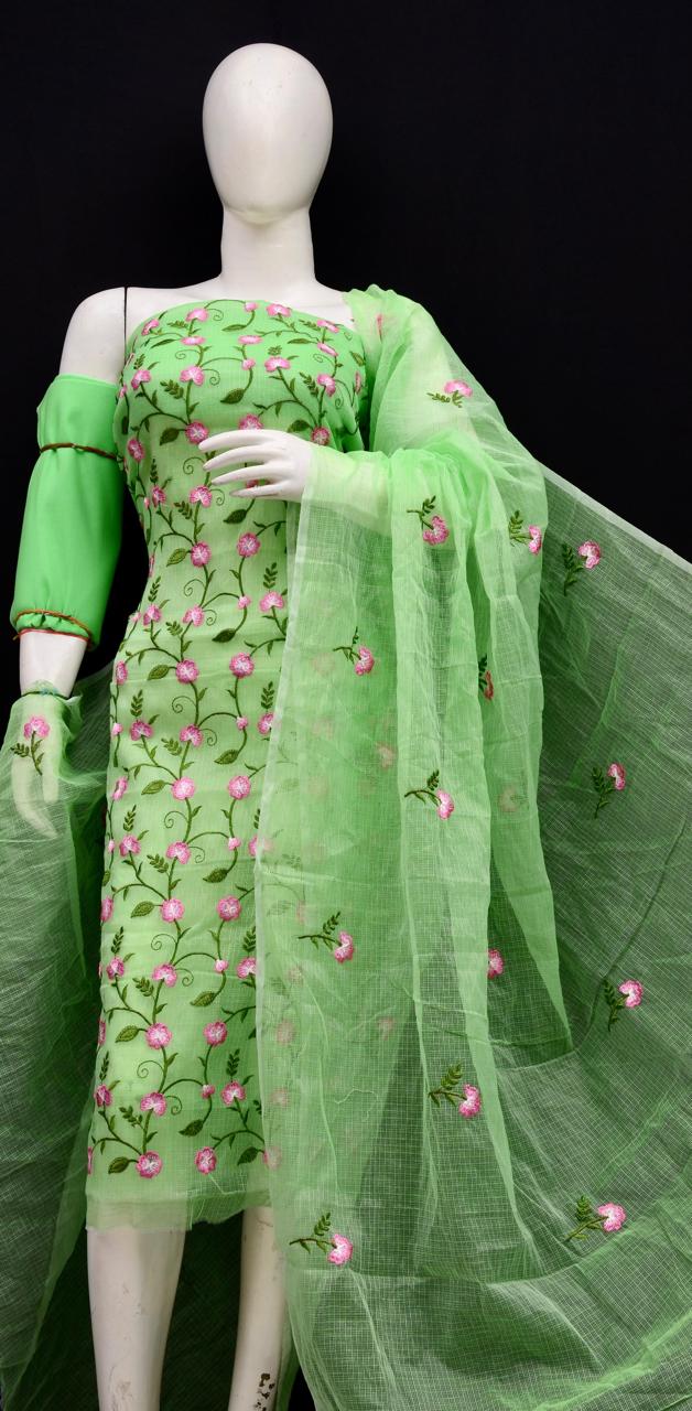 Kota Doria Embroidered Suit Set In Green