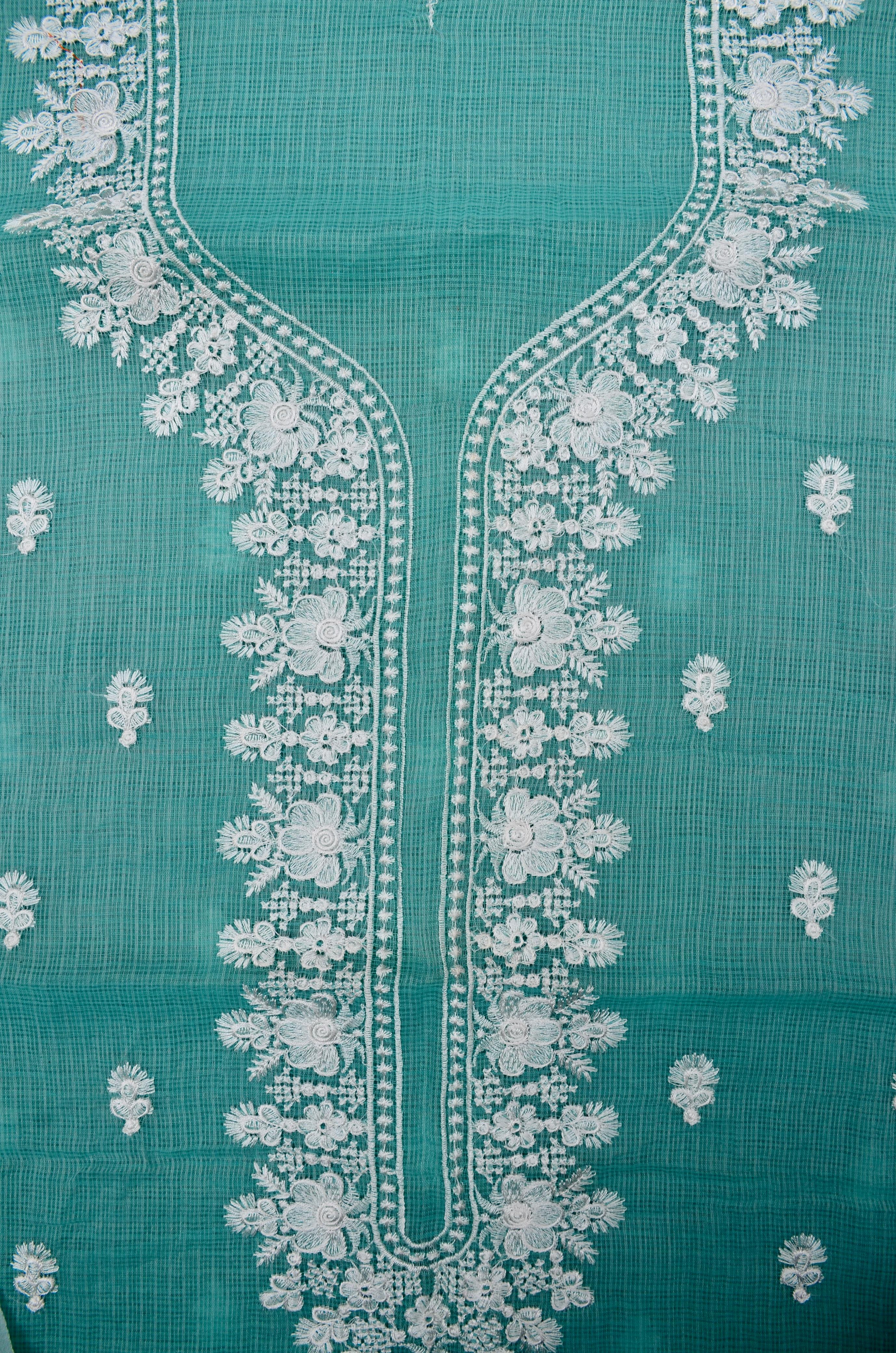 Sea Blue Embroided Work Kota Doria Suit Fabric With Dupatta