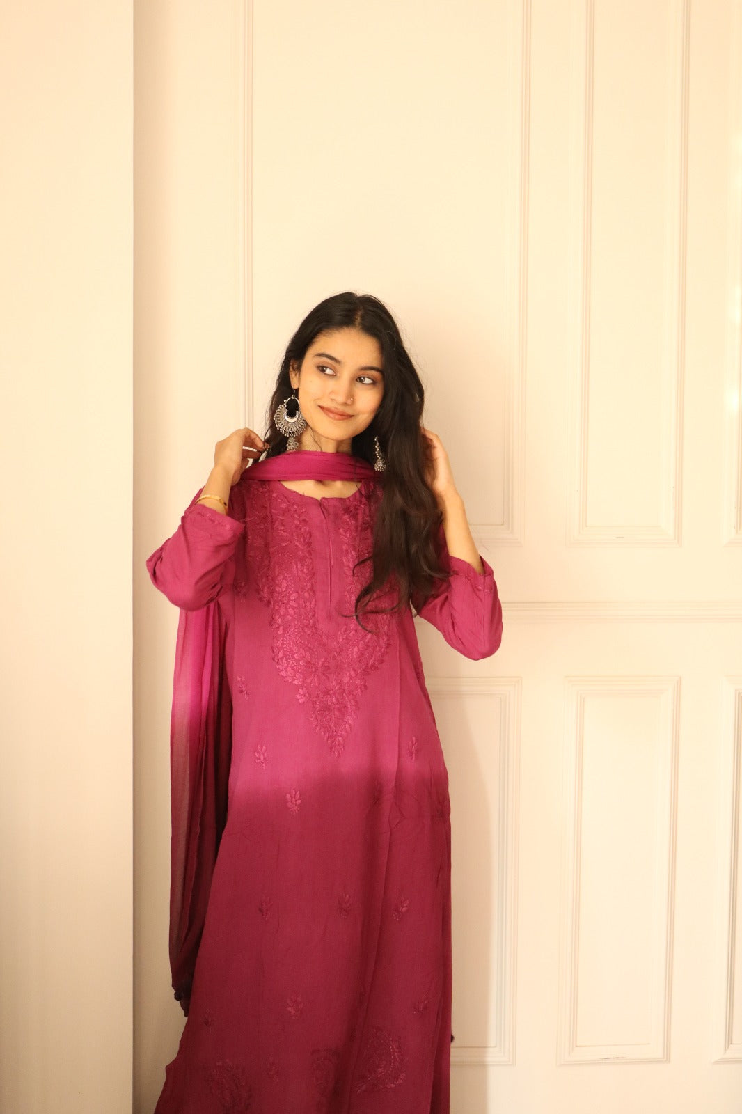 Pink Chikankari Rayon Kurti Palazzo Set With Dupatta