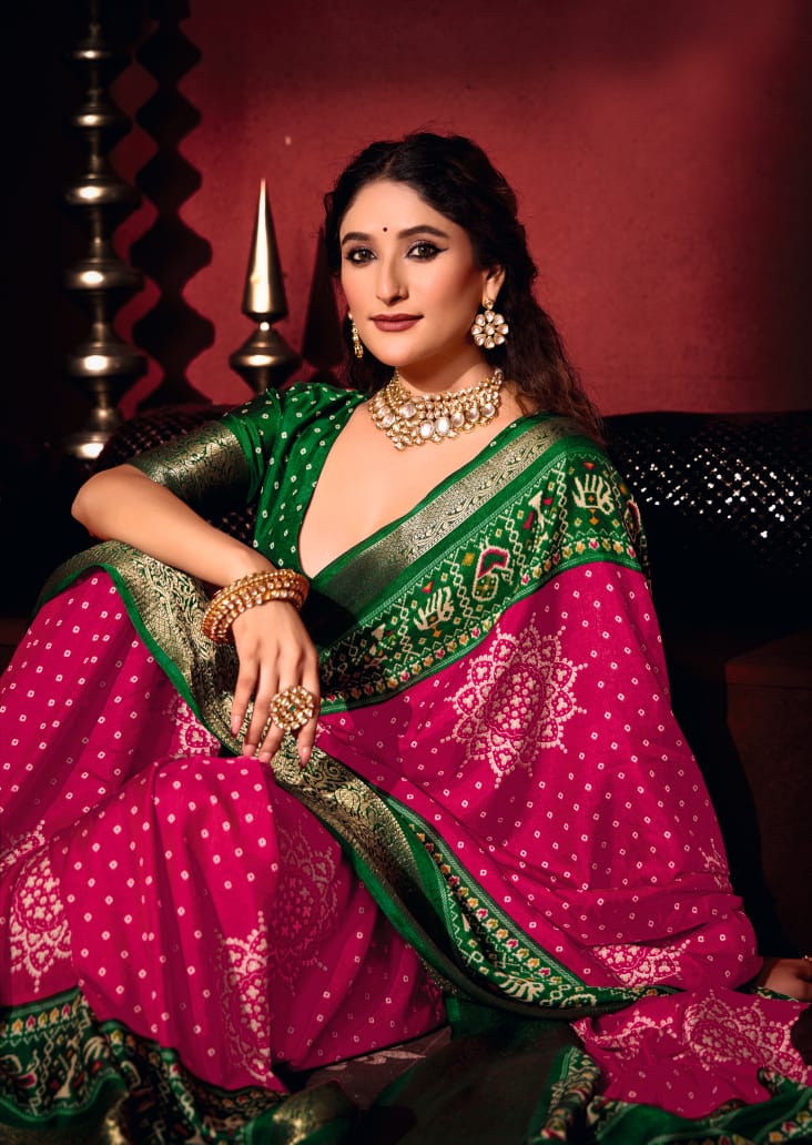 Pink & Green Pashmina Silk Patola Print Saree
