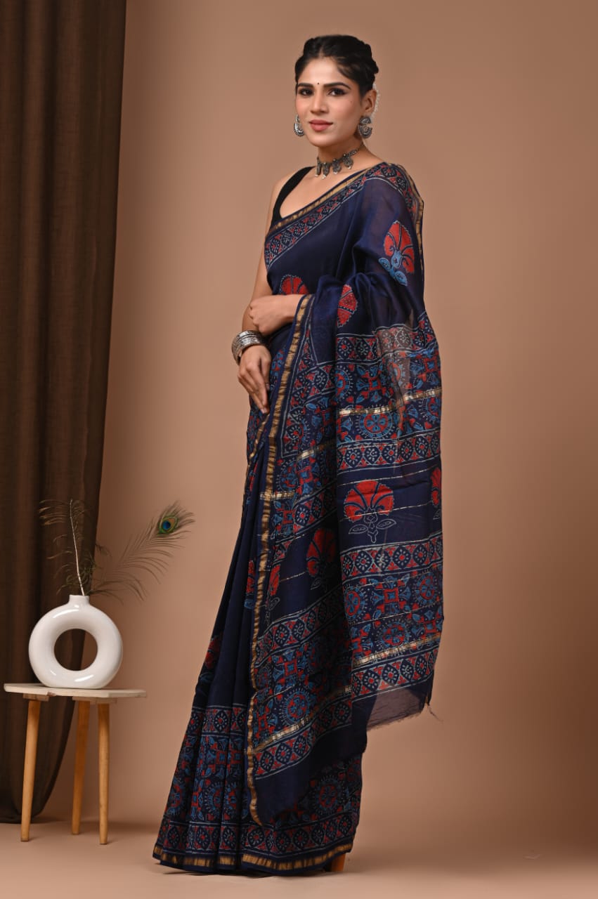 Blue Chanderi Hand Block Printed  Saree