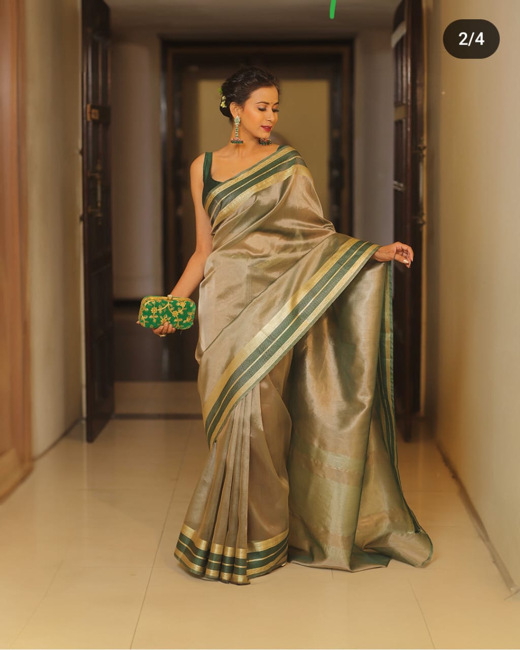 Green Shimmer Banarasi Handloom Tissue Zari Border Silk Saree