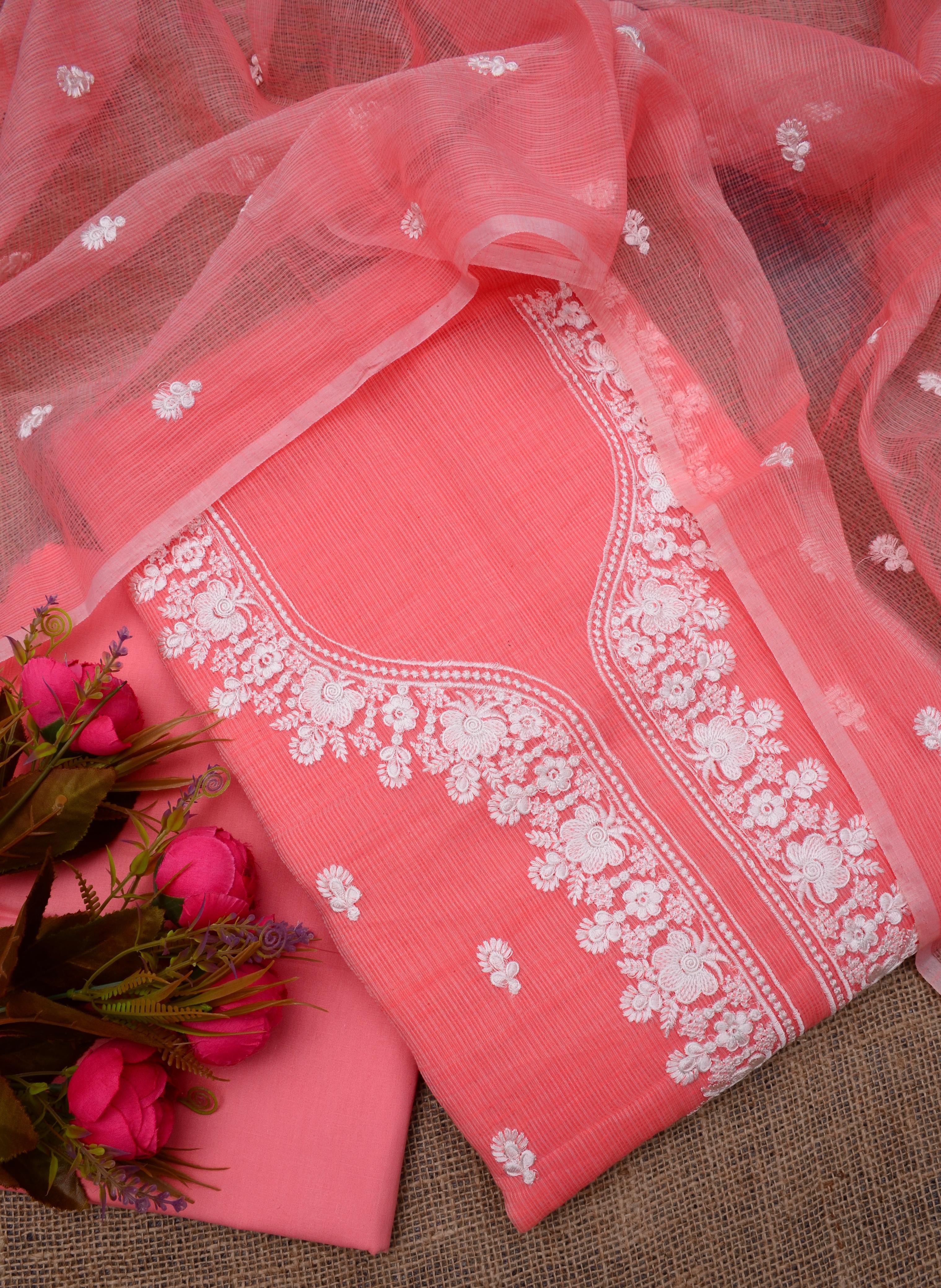Pink Embroided Work Kota Doria Suit Fabric With Dupatta