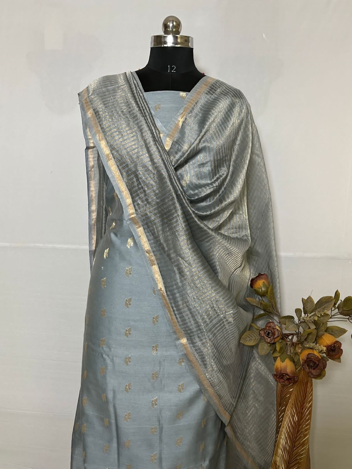 Grey Suit in Chanderi Silk With Zari Weaving And Pure Kota Dupatta