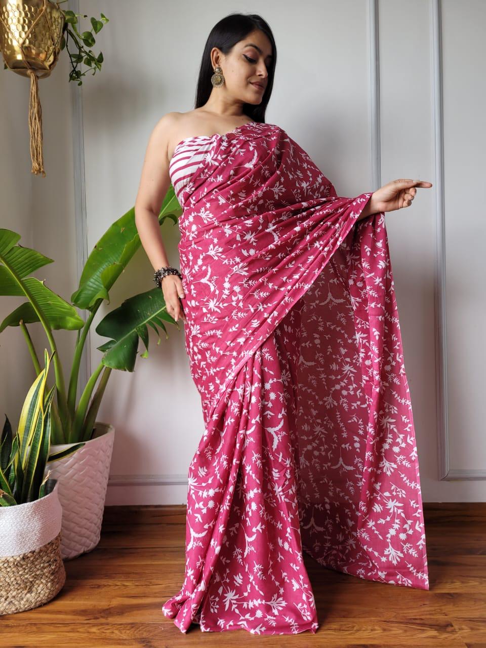 Pink Cotton Printed Saree