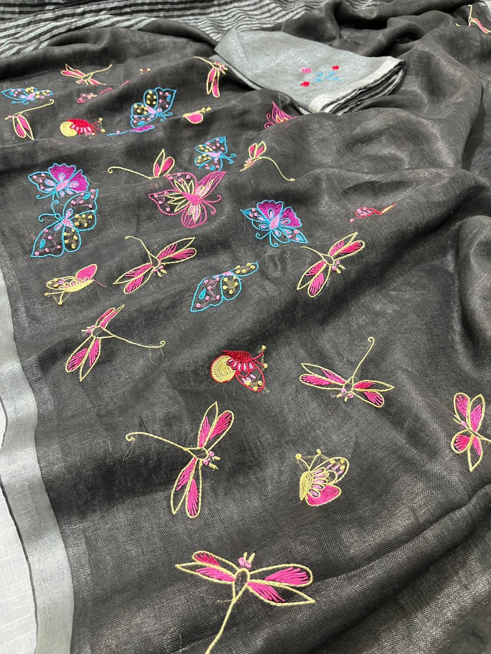 Linen Embroidery Saree In Grey