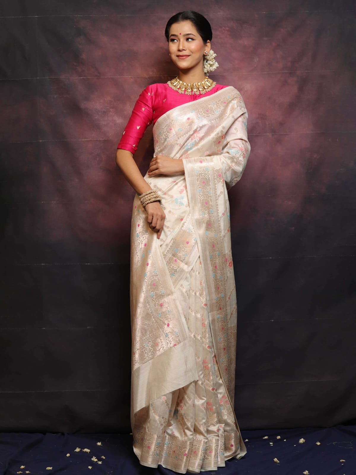 Rose Chiniya Silk Saree with Meenakari