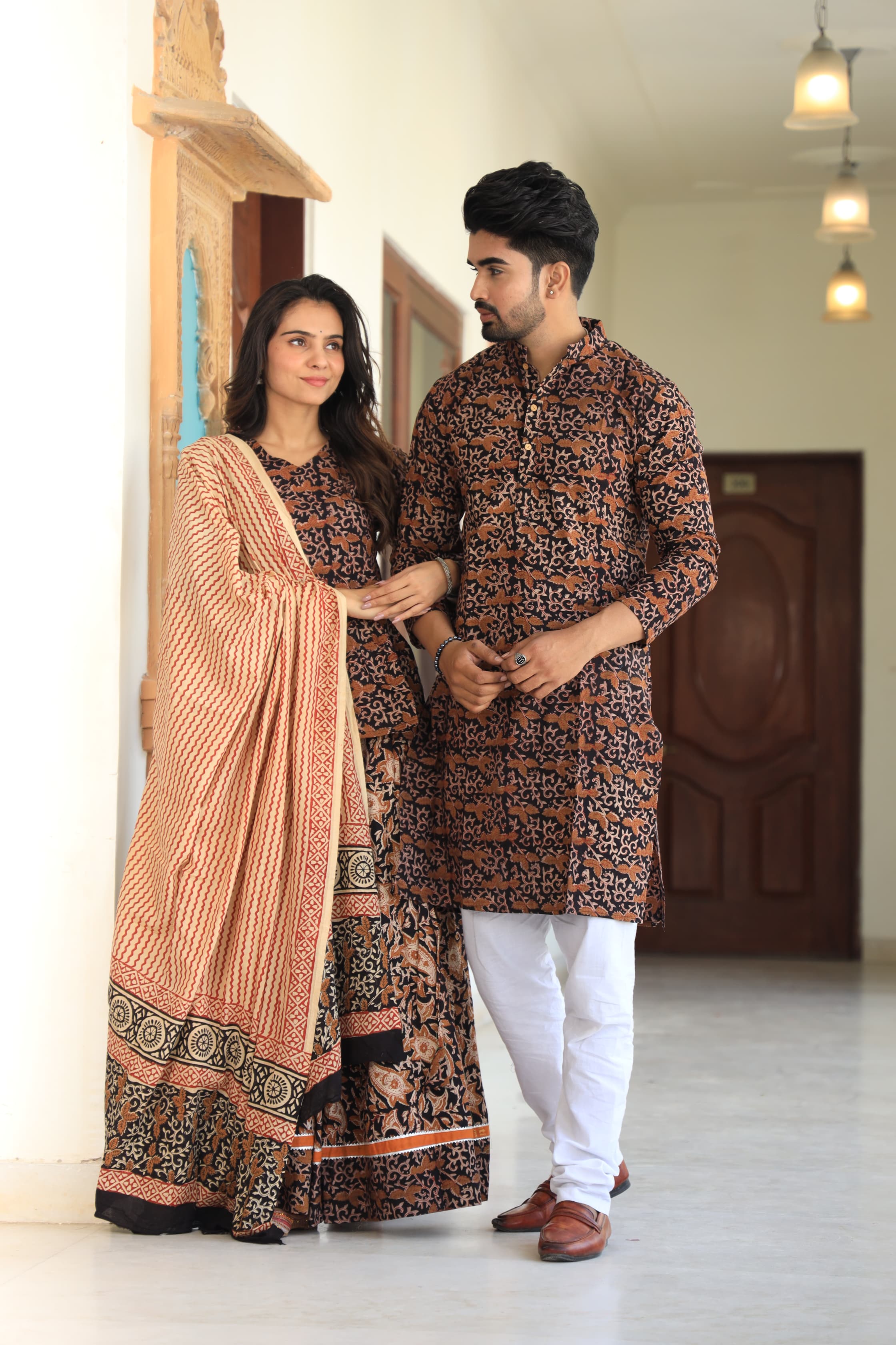 Black colour Pure Cotton Twinning Couple Set In Block Print