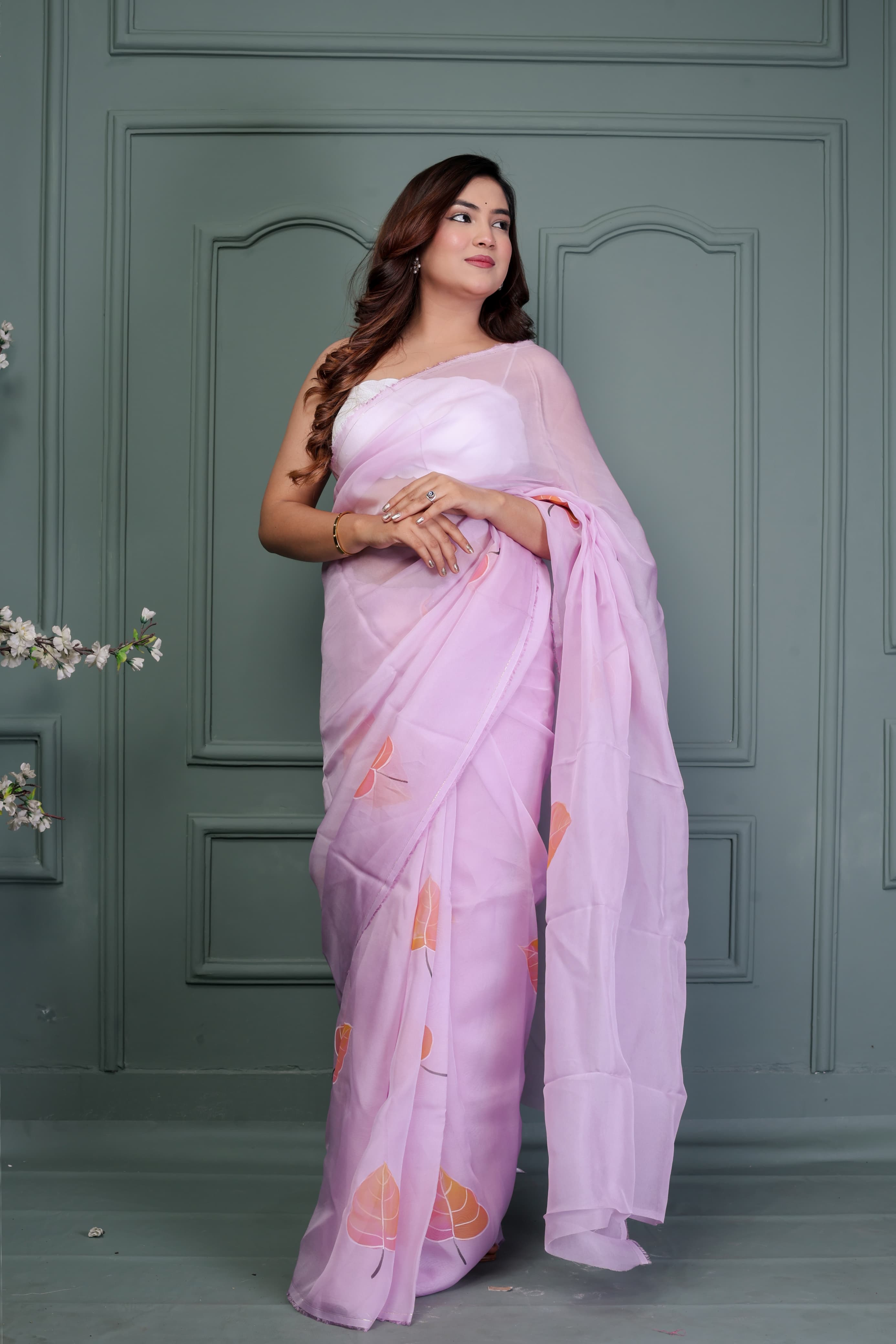 Pink Organza Hand Painted Saree