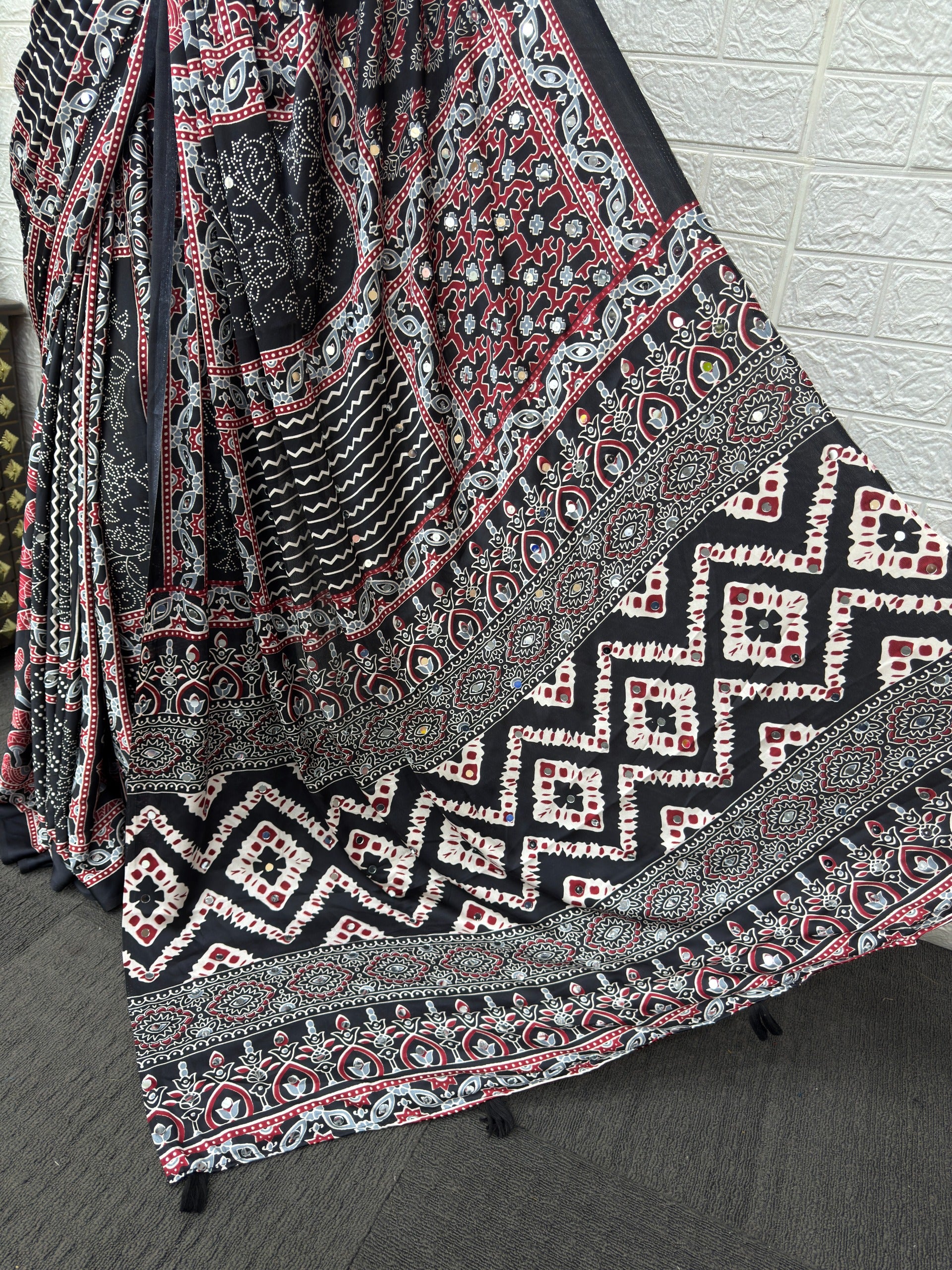 Black Ajrakh Print Mirror Work Satin Silk Saree