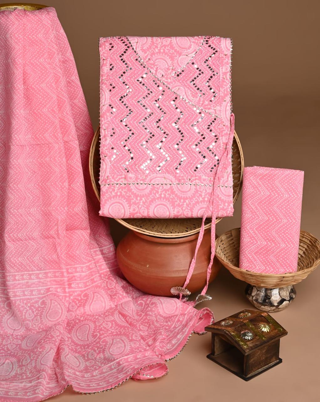 Bright Pink Angrakha Gota work Cotton Suit Set