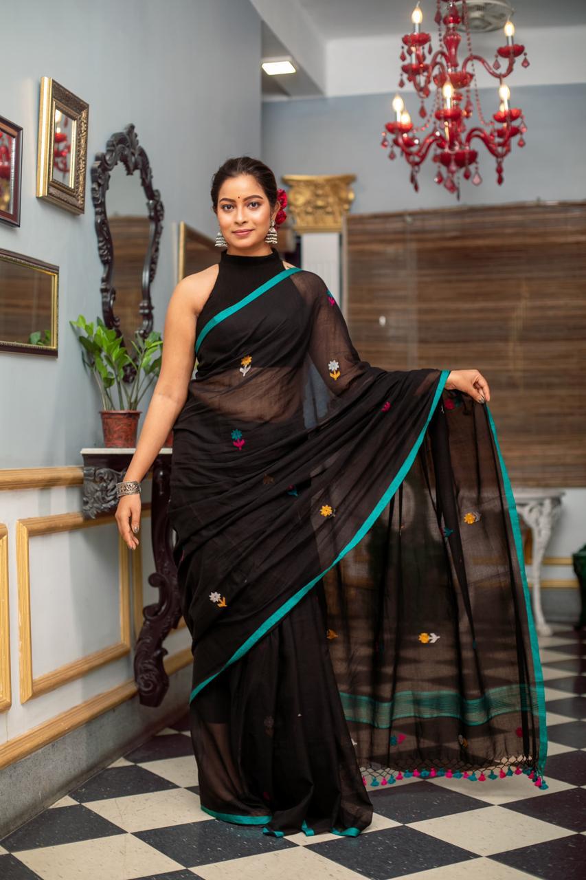 Black Premium Mulmul Cotton Hand Crafted Saree