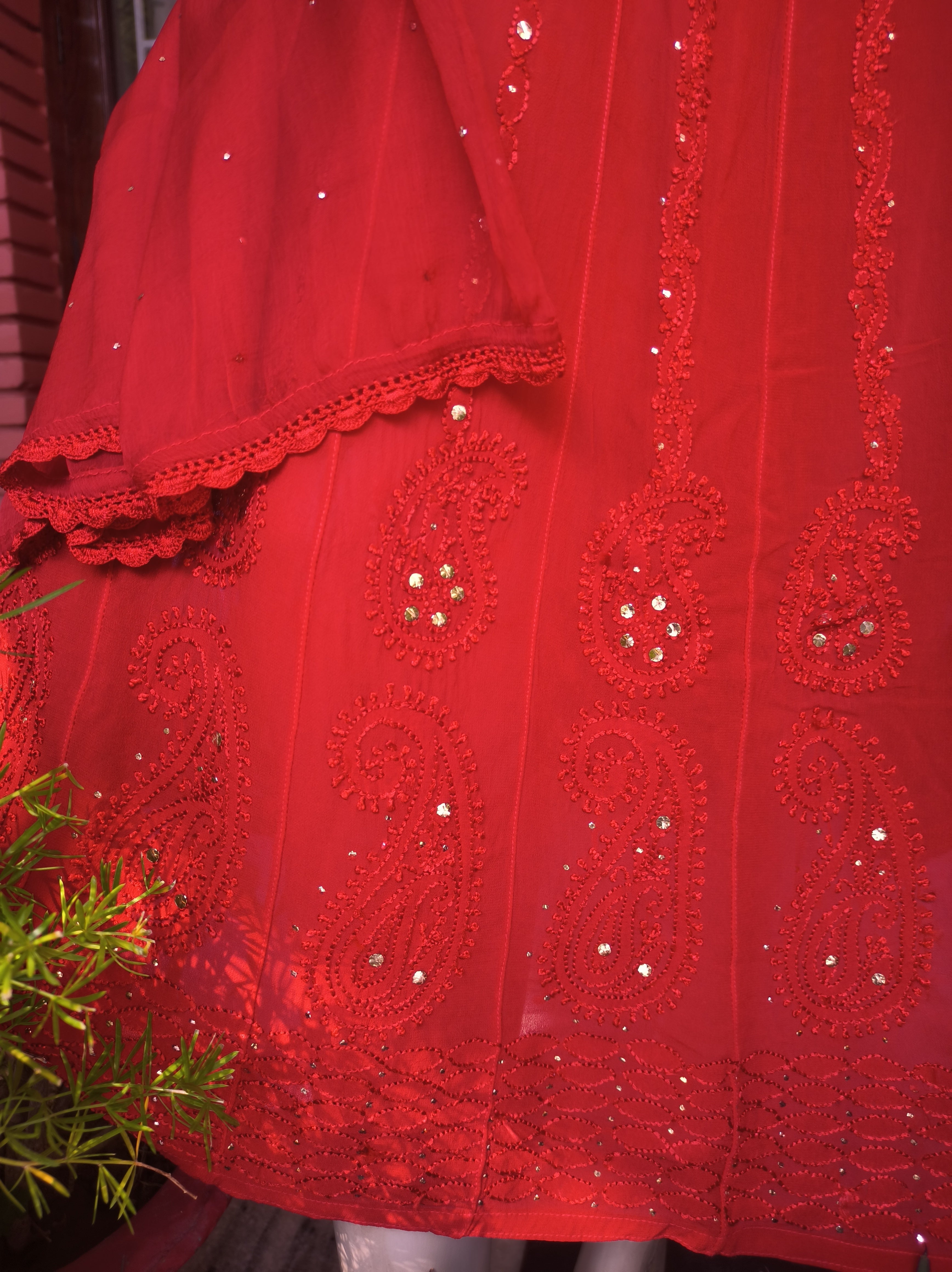 Red Lucknowi Chikankari Anarkali Gota Patti Salwar Suit (Semi stitched)