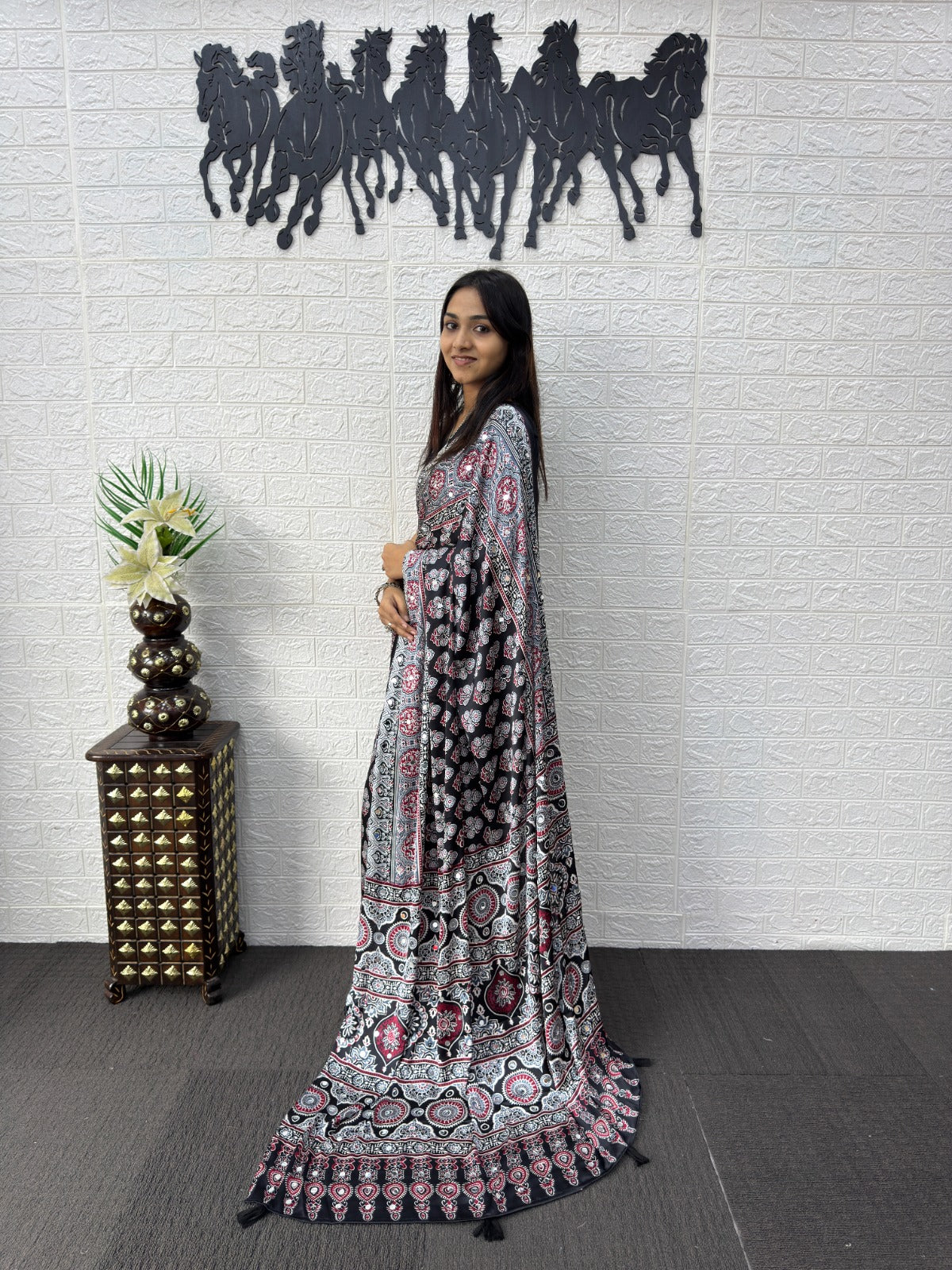 Black Ajrakh Print Mirror Work Satin Silk Saree