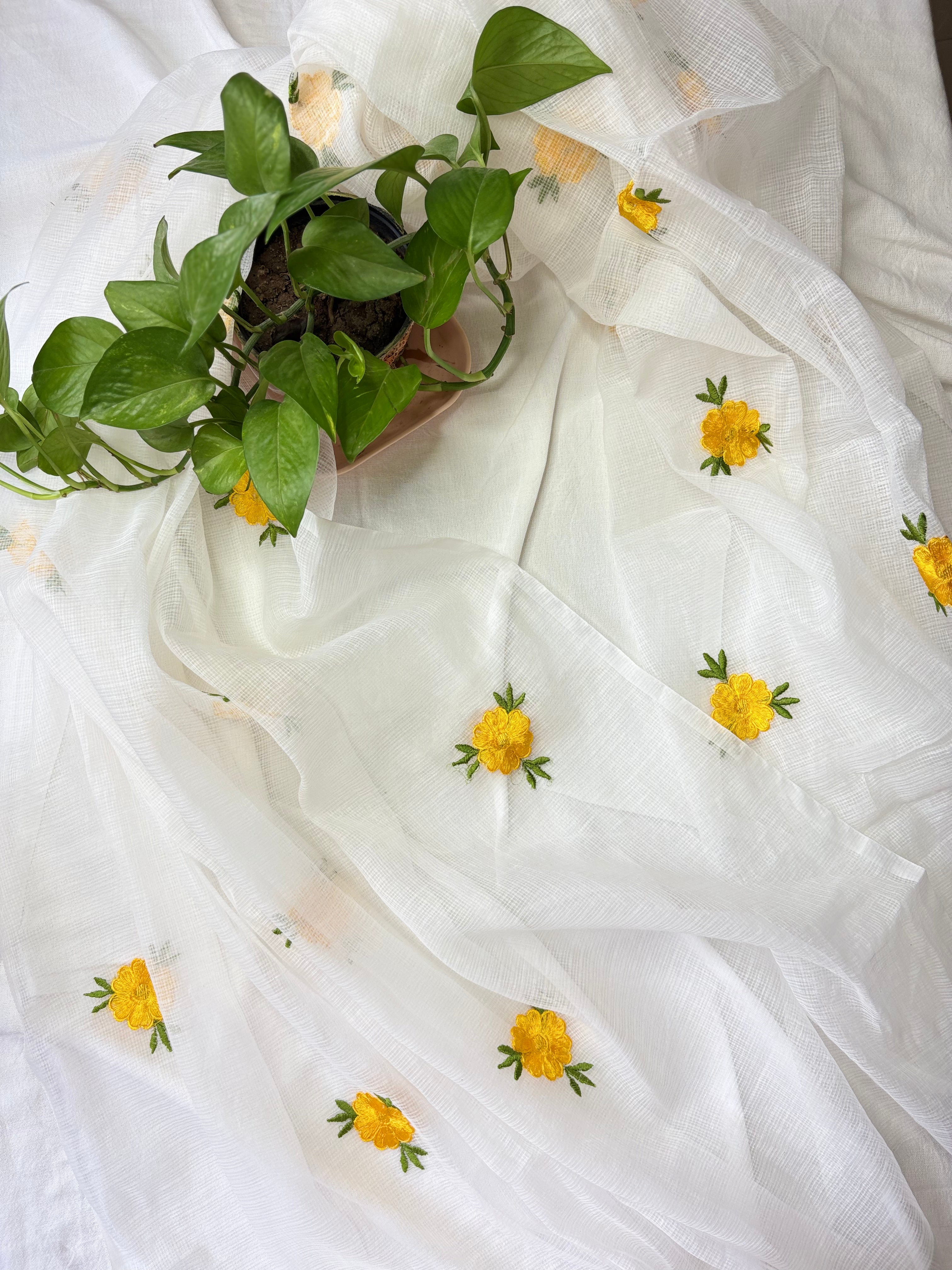 Shailaja- Kota Doriya Embroidery Work Suit In white Colour with yellow dotted touch