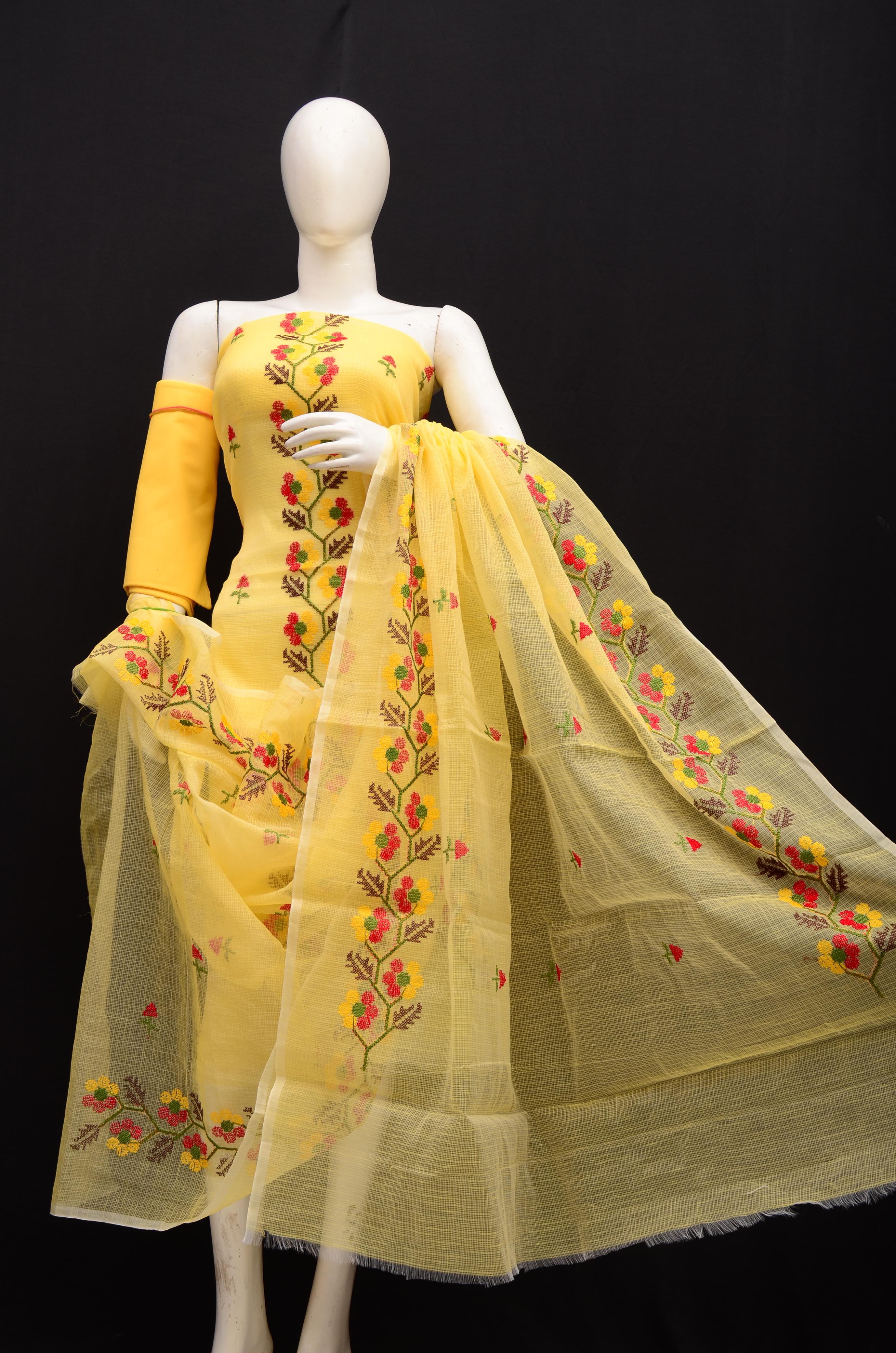 Beautiful Kota Doria Suit In Yellow Colour With Flower Embroidery Work