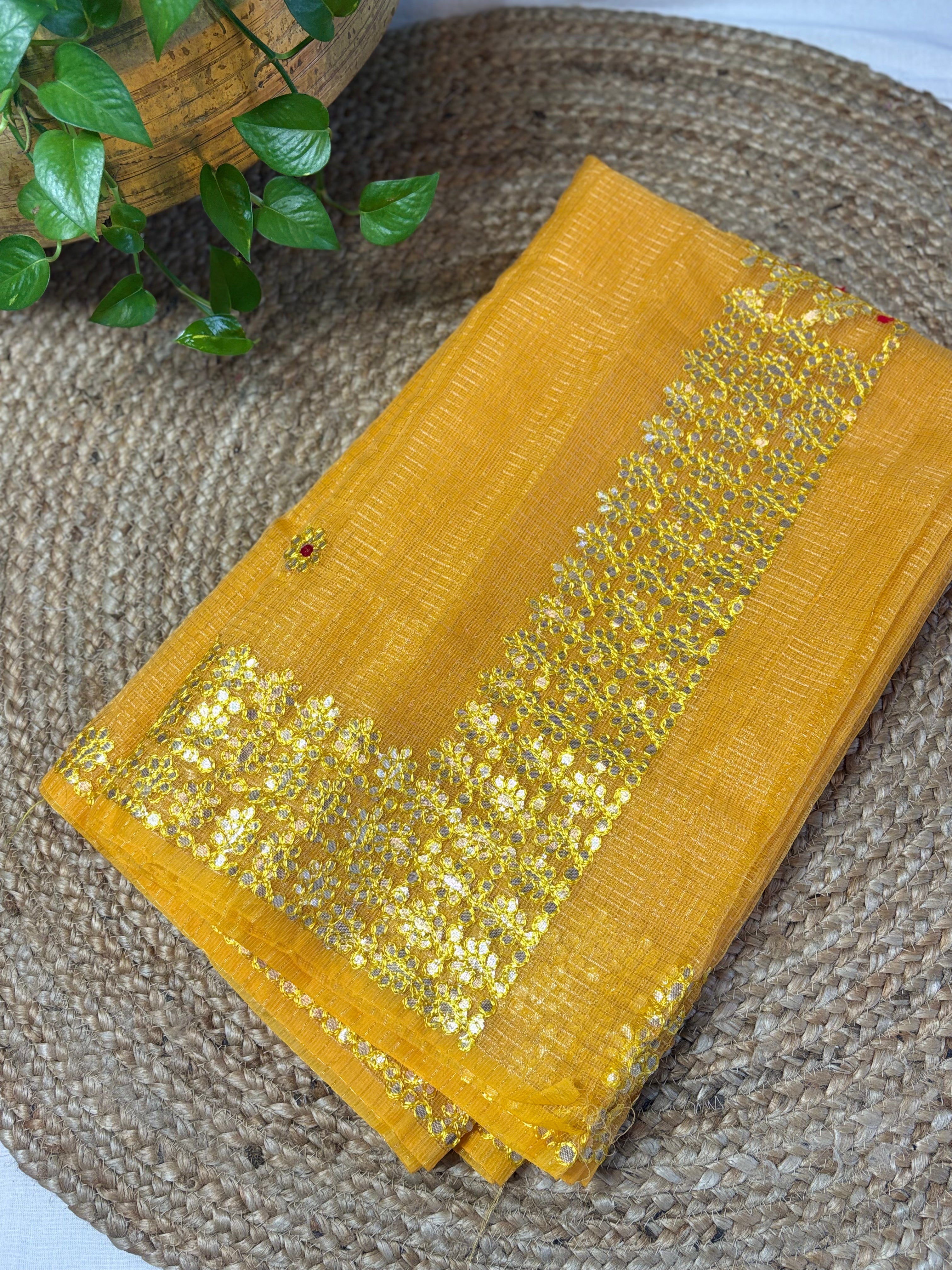 Yellow Kota Doria Gota Patti Saree