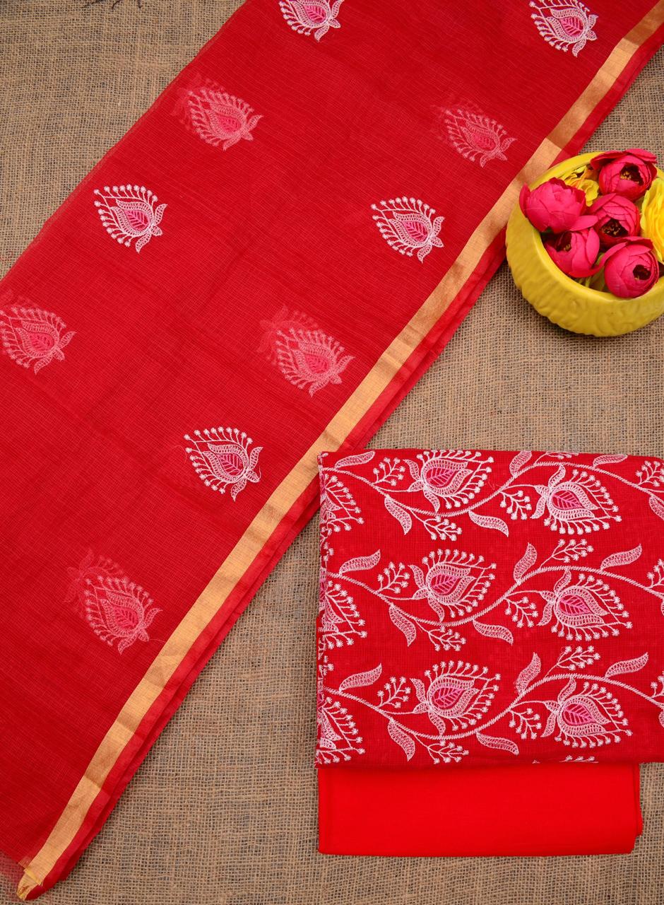 Kota Doriya Embroidery Work Suit In  Red