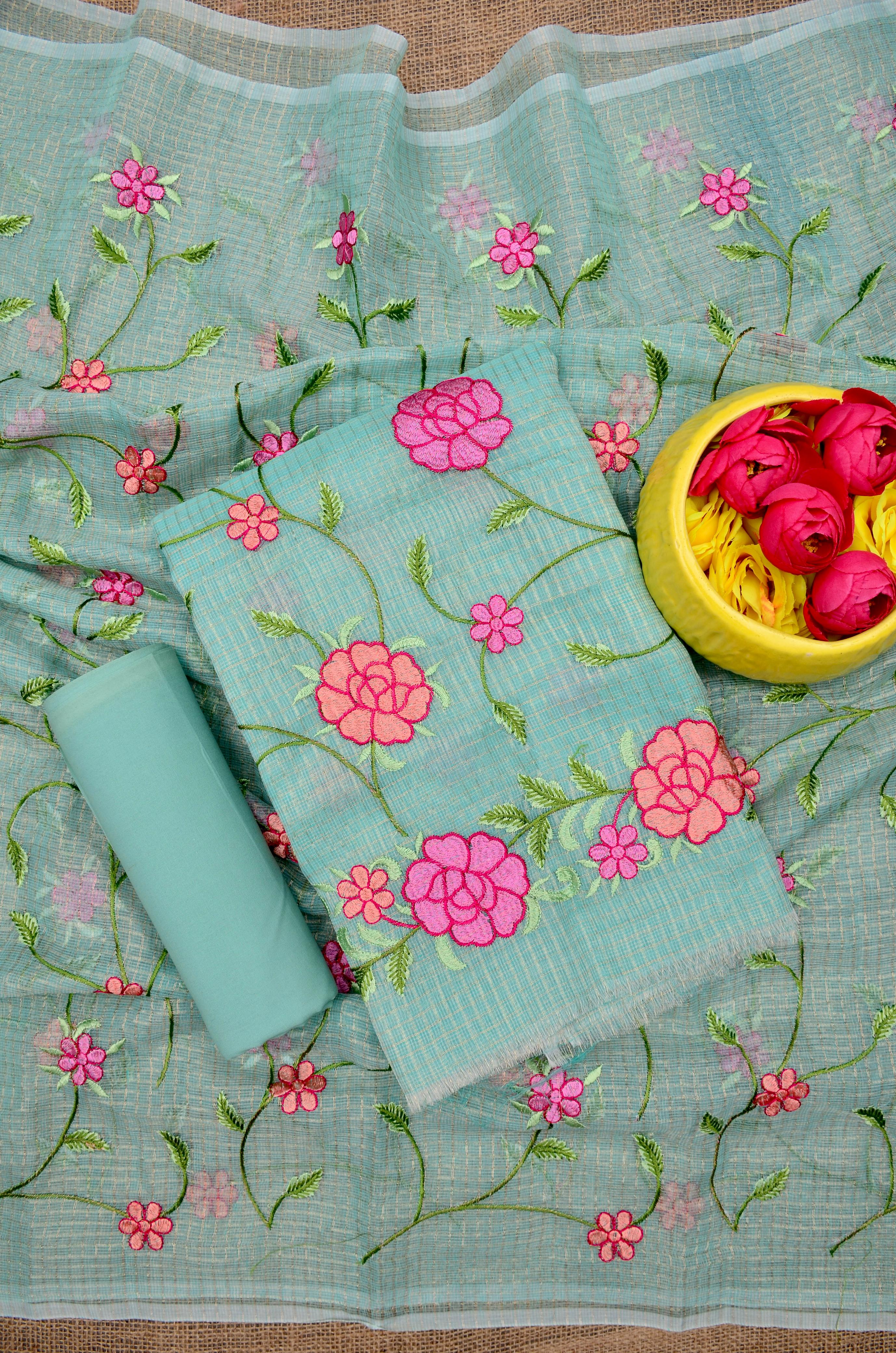 Kota Doria Embroidered Suit Set In Sea Green (unstitched)