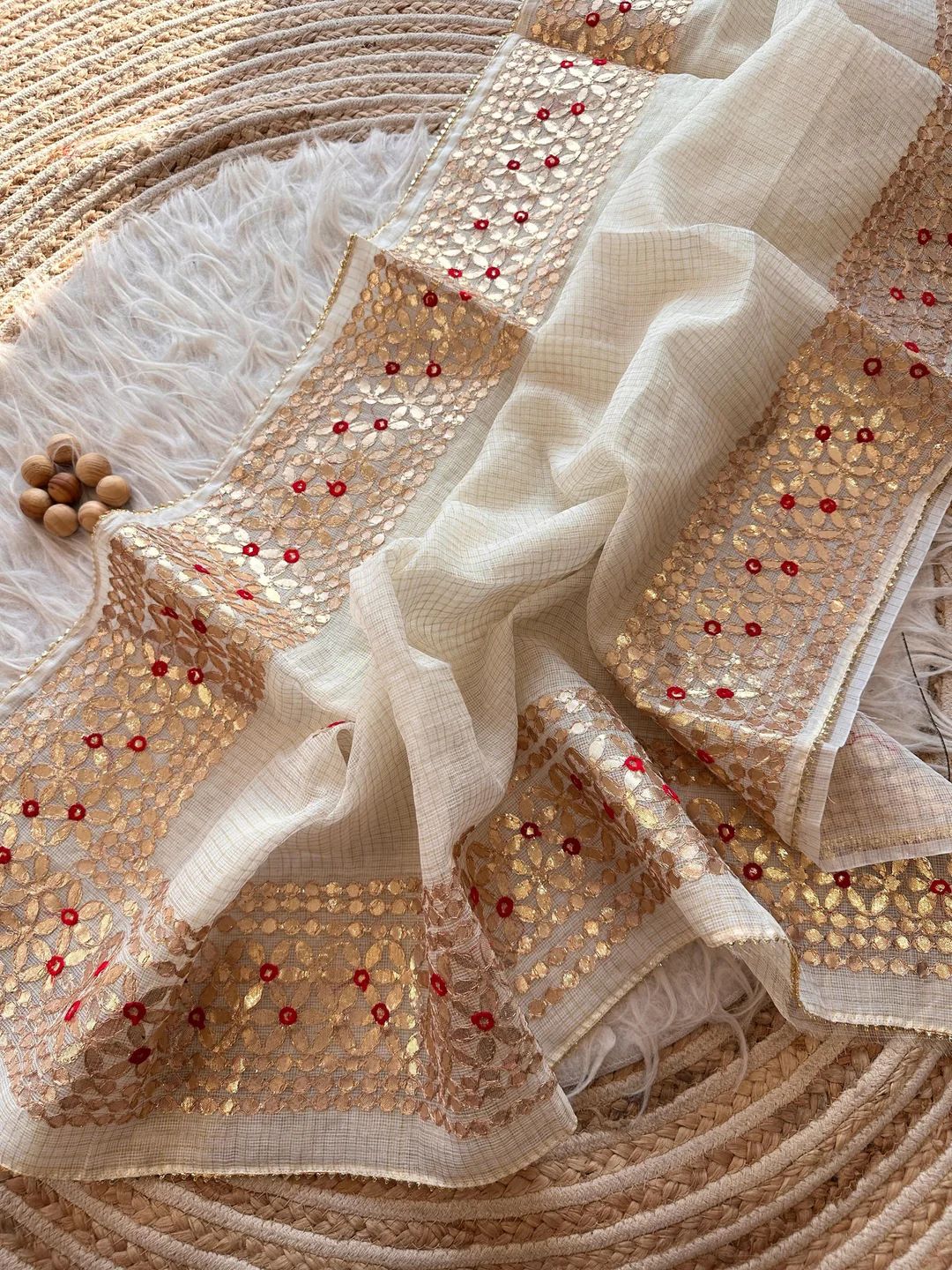 Padam- Off White Kota Doria Heavy Border Gota Patti Saree