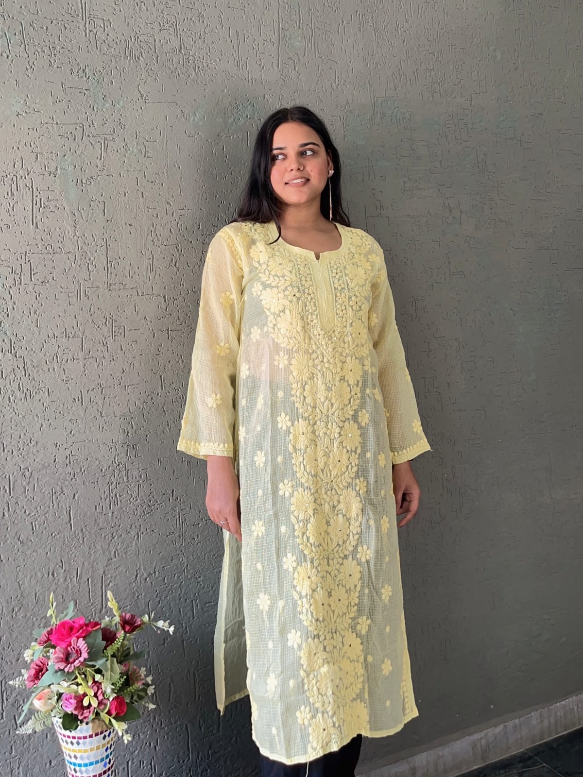 Yellow Chikankari Embroidery work Kota doria kurti (only kurti)