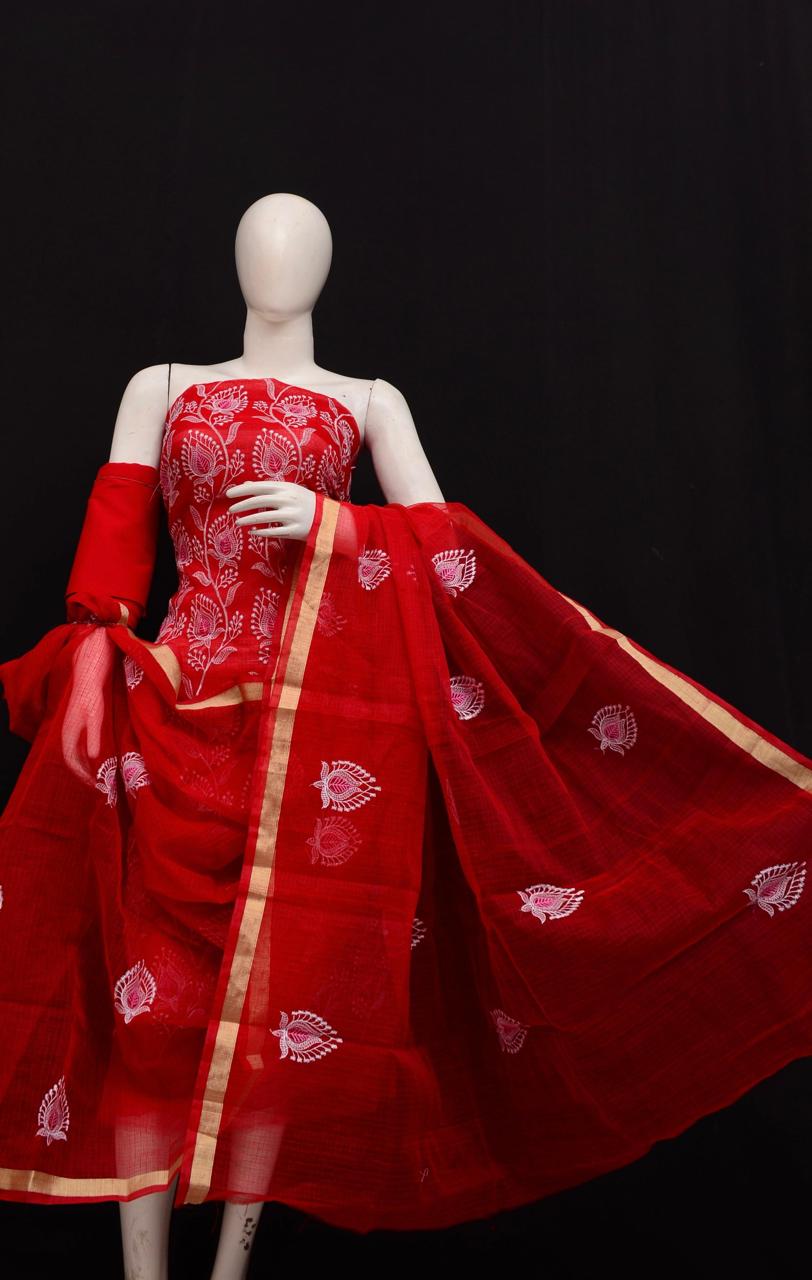 Kota Doriya Embroidery Work Suit In  Red