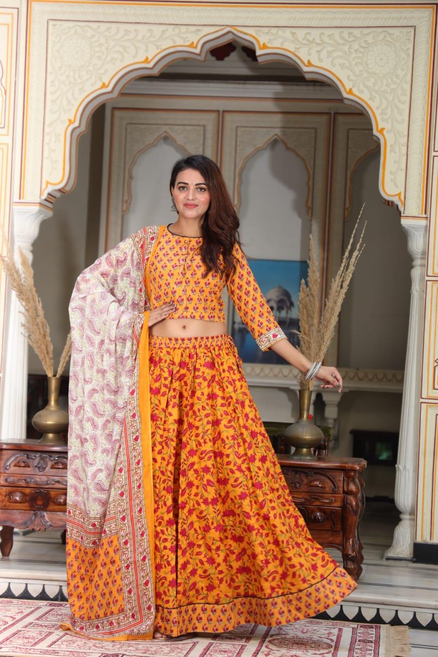 Orange Colour Bagru Print Flora lehenga choli Set