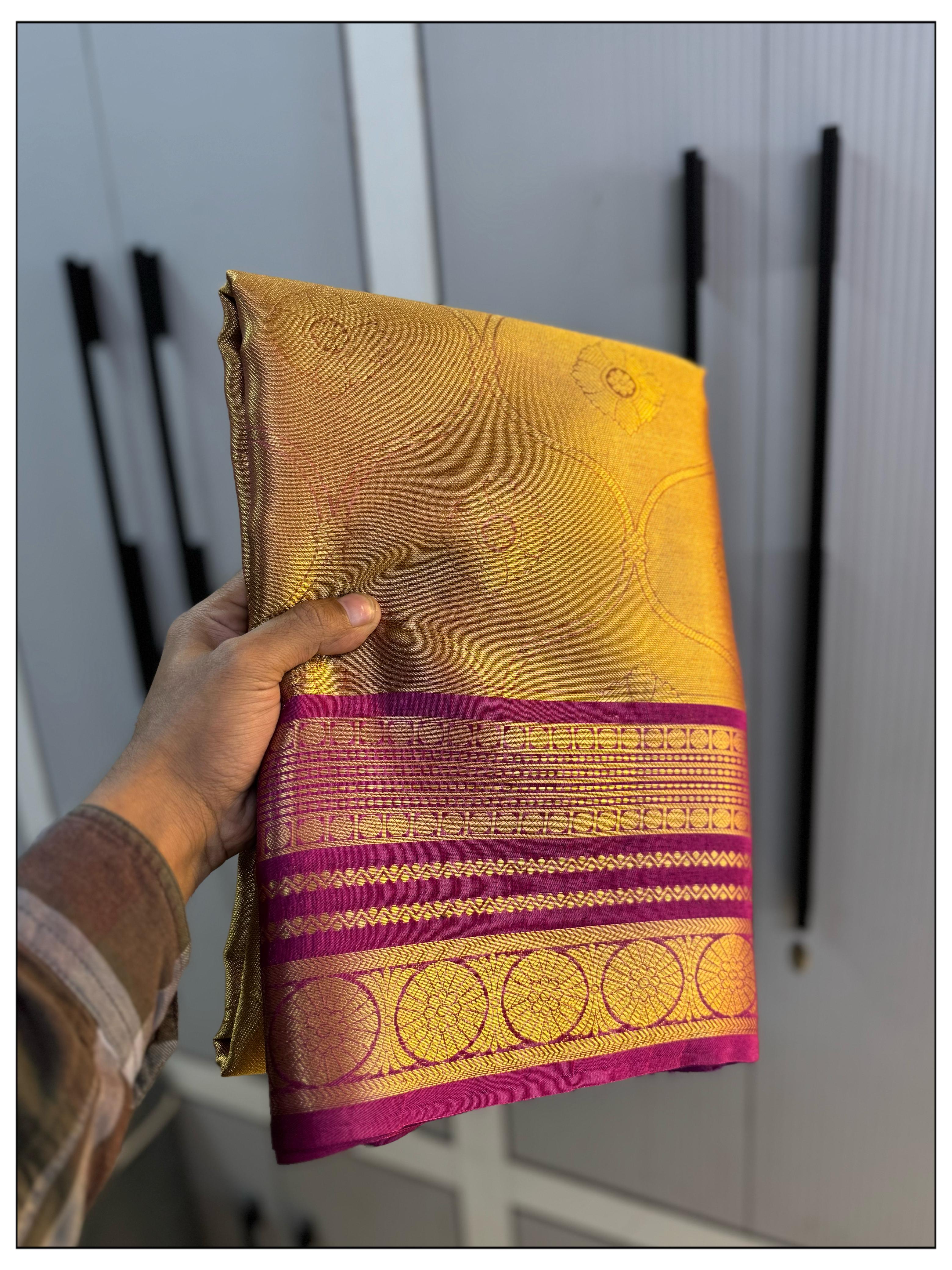 Golden With Pink Banarasi Soft Tissue Saree